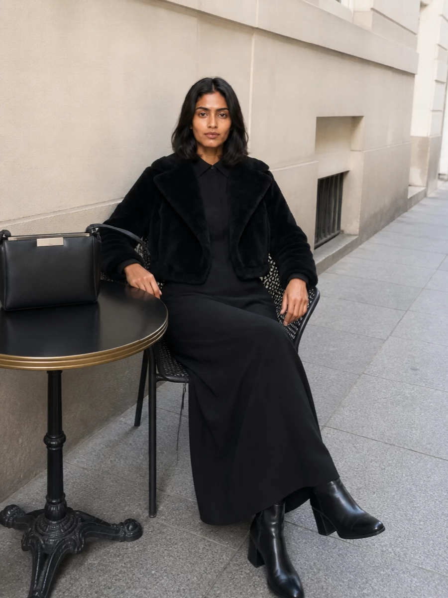 I am anchoring this with the black shirt dress rather than separates, because its long, fluid column works best with the cropped faux-fur jacket’s proportions and maintains a single, uninterrupted dark base. The result is a quietly powerful all‑black ensemble, where texture and cut do the talking instead of color. Clean boots and a structured bag keep it sharp enough for city dinners or gallery evenings without feeling overdone.