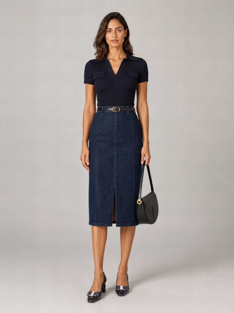 Patou Denim Belted Midi Pencil Skirt