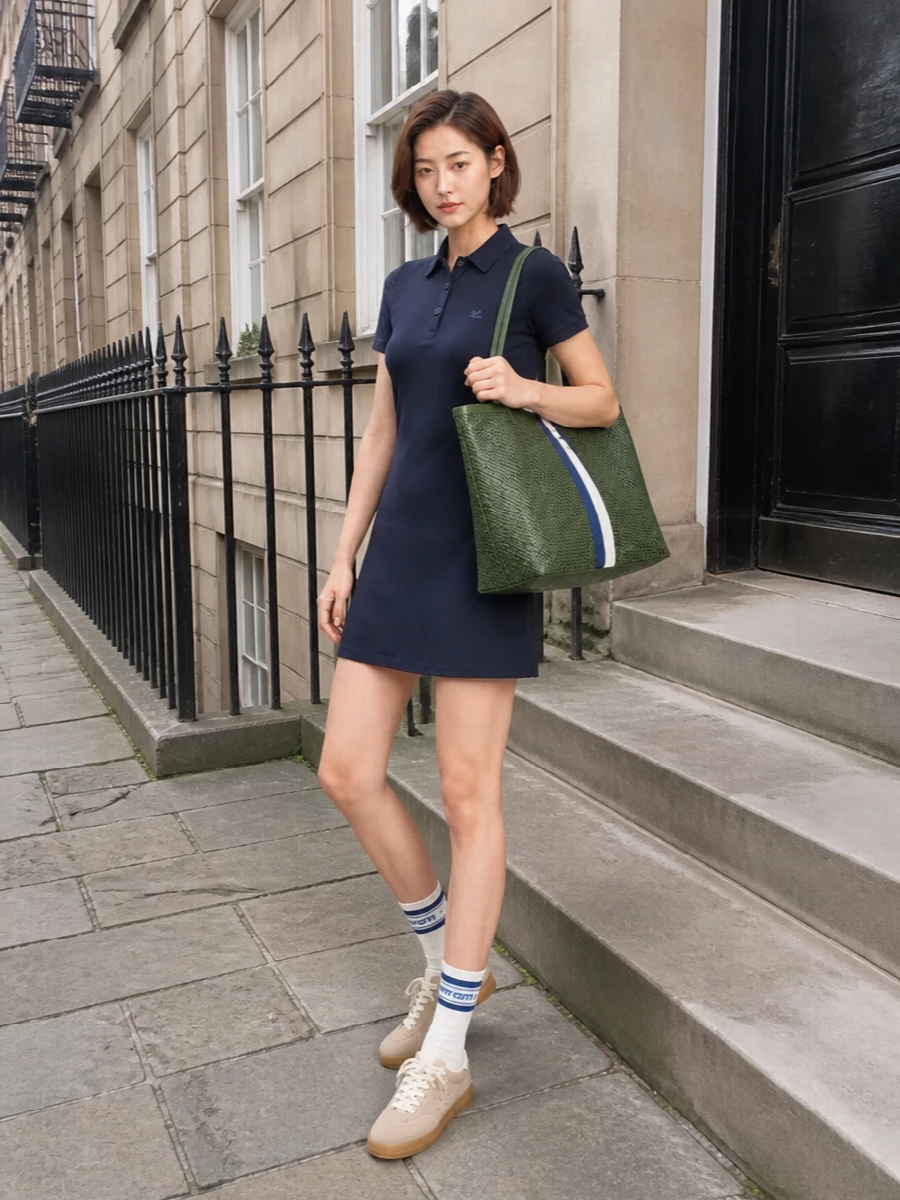 Courreges navy polo dress tory burch sneakers
