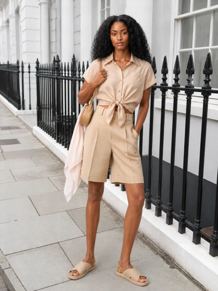Soft sand neutrals keep this Patou set calm and cohesive, from the tie-front shirt to the clean, high-waist Bermuda short. Flat slingback sandals and a sculpted camel shoulder bag lean into relaxed Riviera polish, while a whisper-light blush scarf adds just enough romance without crowding the simplicity.