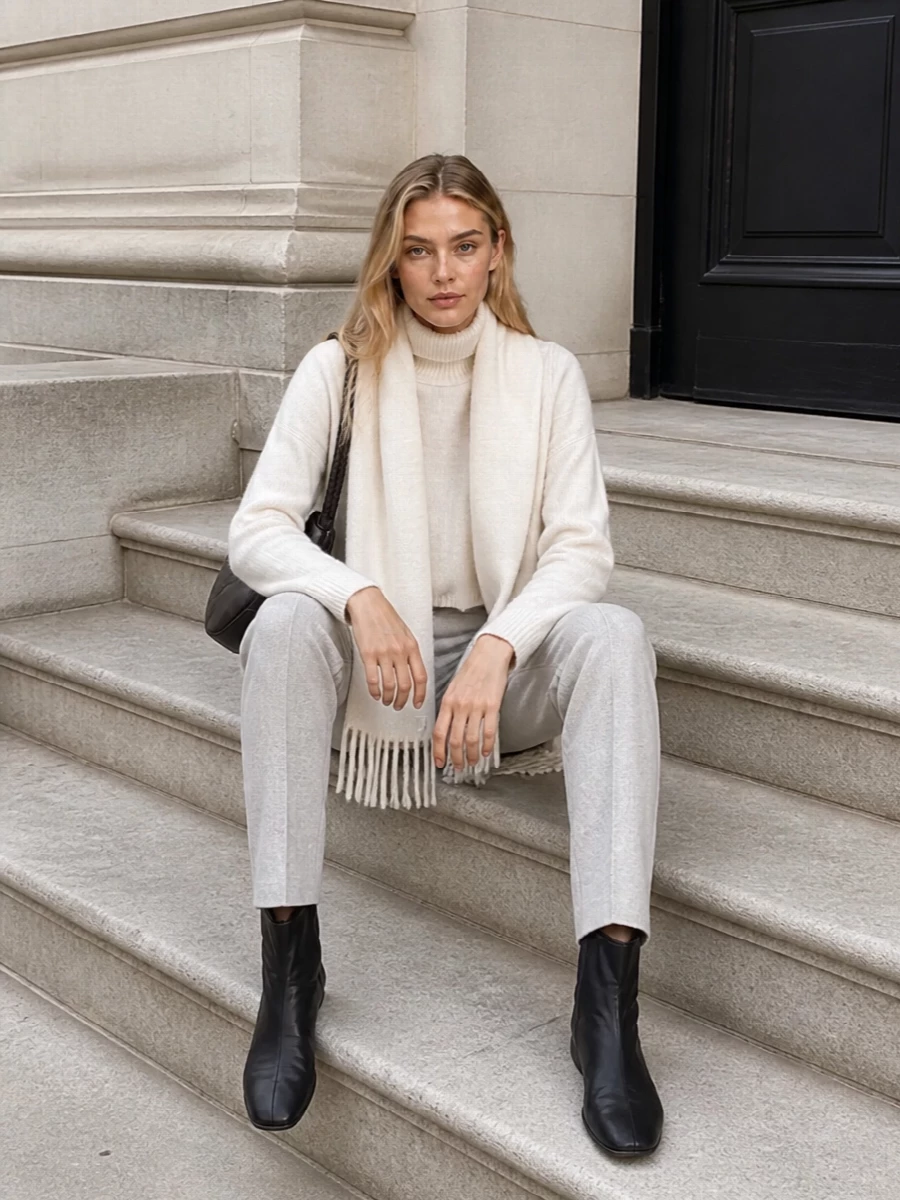 Lisa yang winter white sweater grey knit trousers