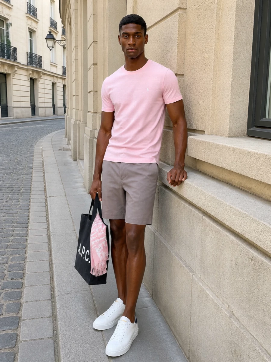 Soft pink meets grounded neutrals for an easy, campus-ready summer uniform. The taupe chinos and white leather sneakers keep the palette clean and relaxed, while the graphic charcoal tote and rose-striped scarf add just enough contrast and character. It is polished enough for coffee in the city, but relaxed enough to take straight to a late afternoon by the water.