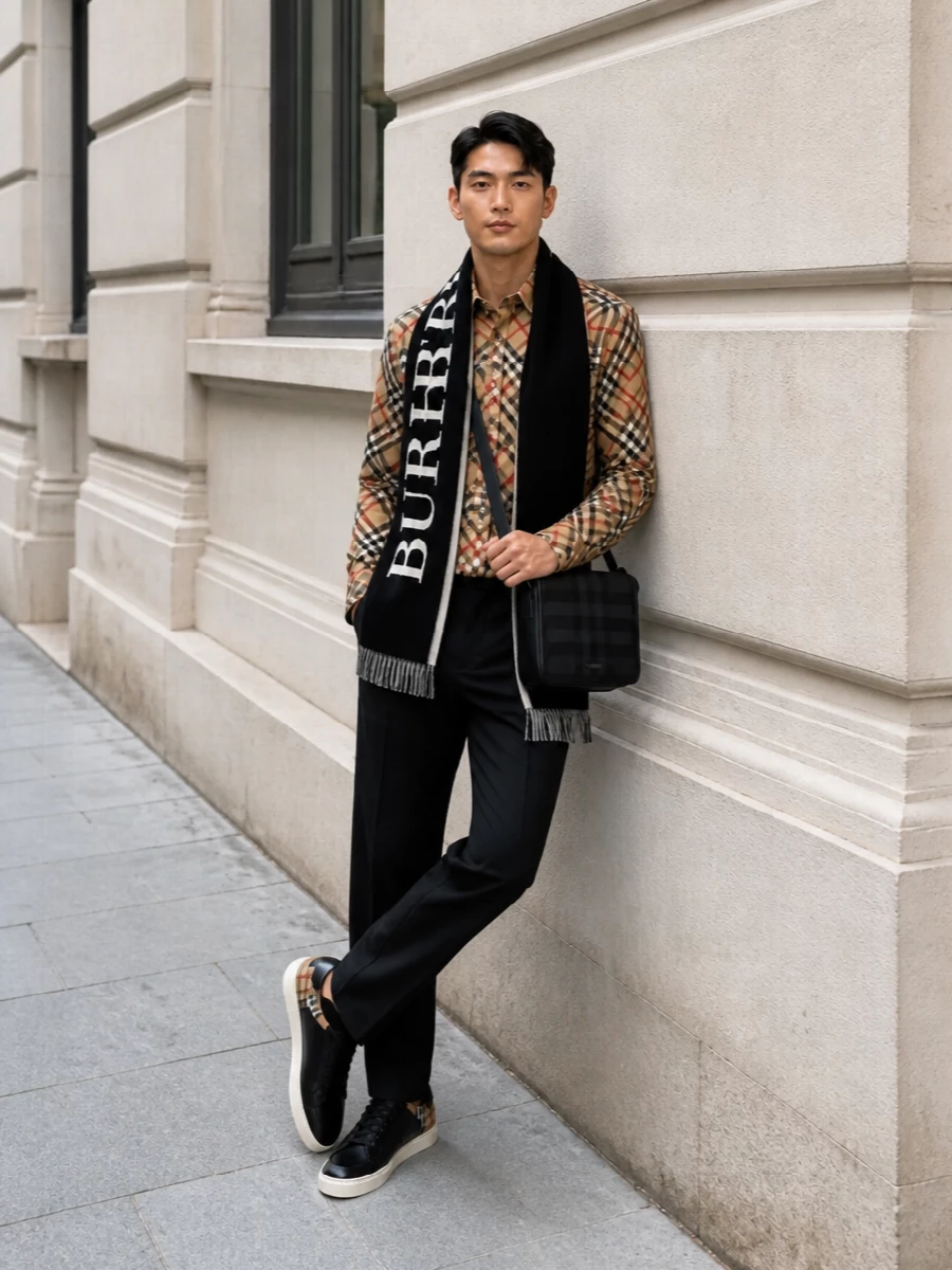 Burberry check shirt black trousers outfit