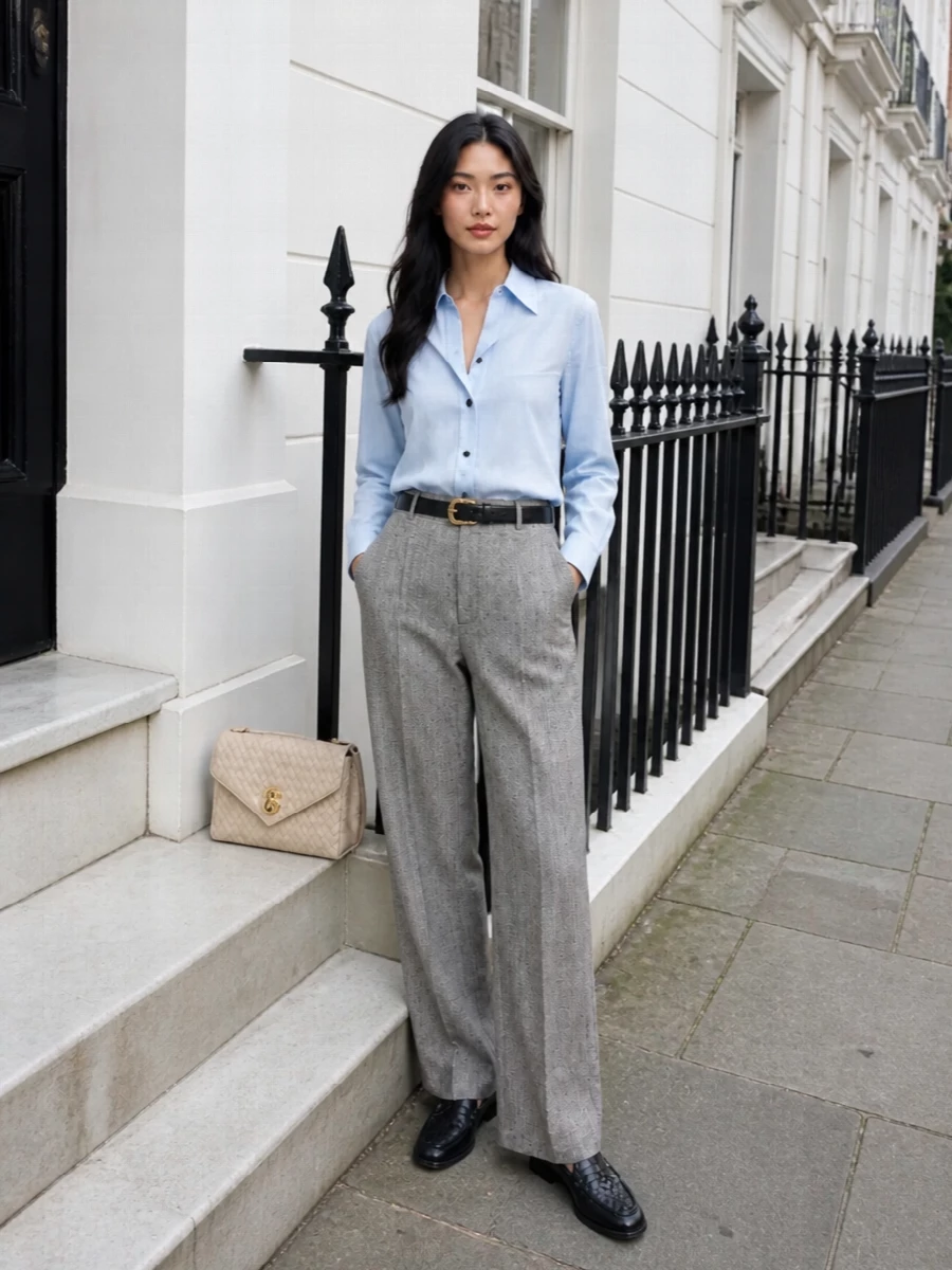 Bottega veneta grey trousers blue shirt outfit