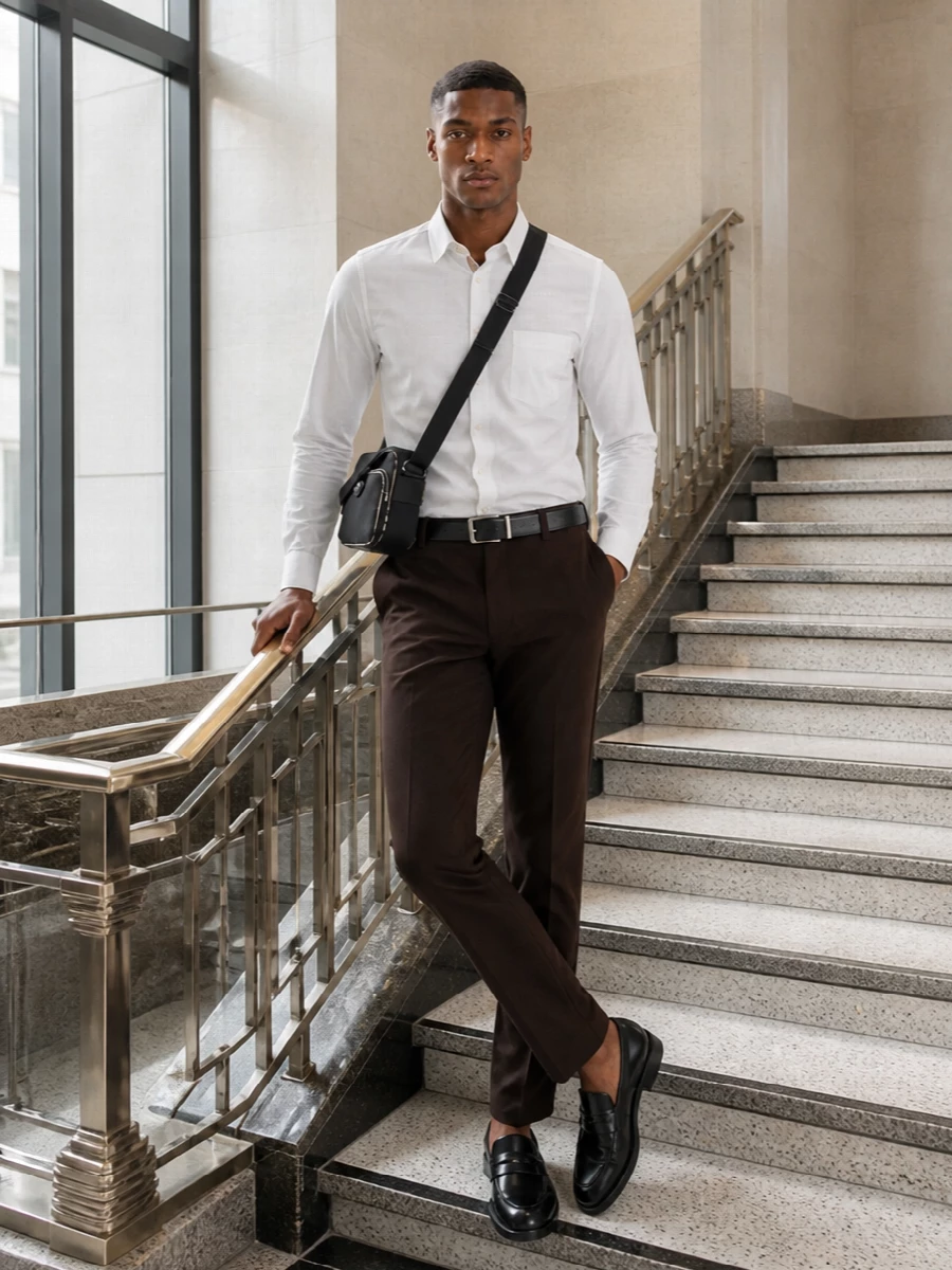 Burberry white shirt brown trousers loafers