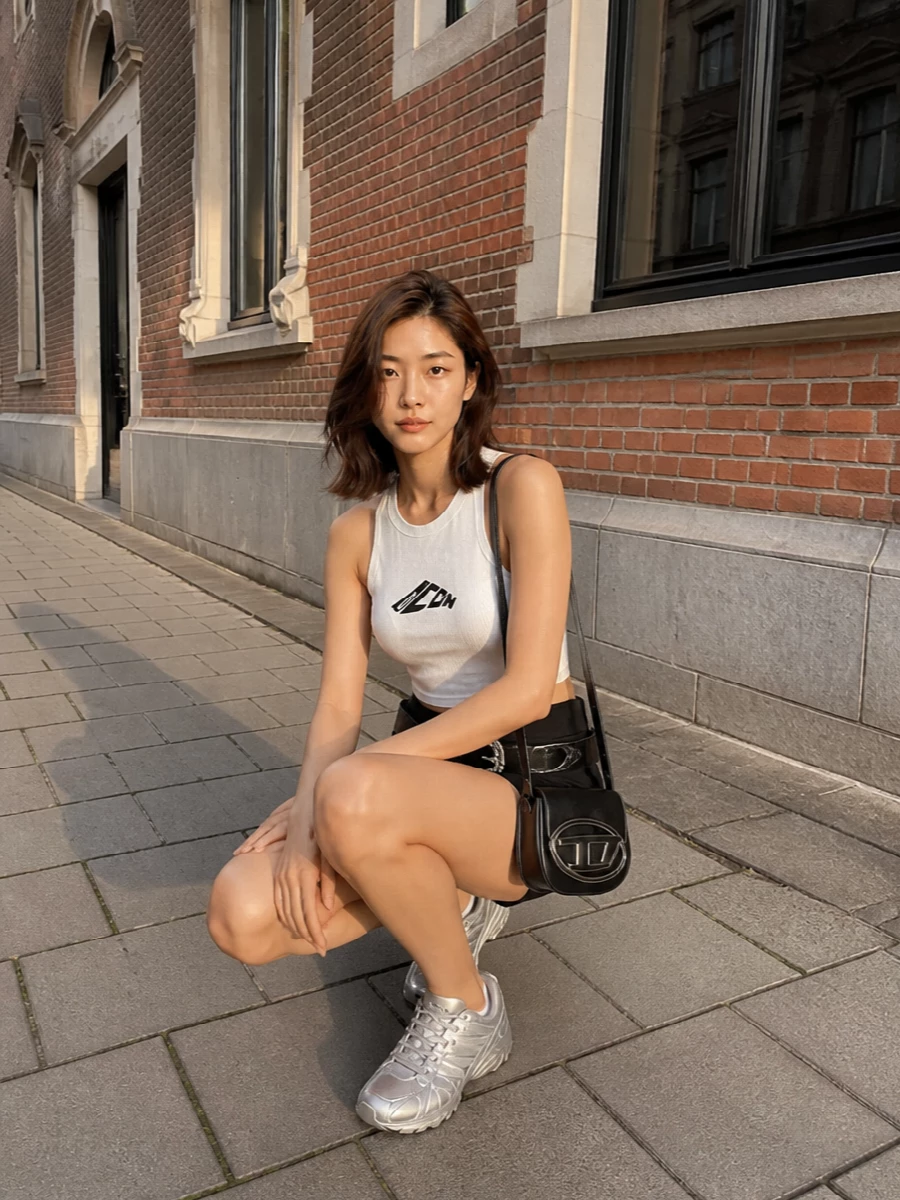 The cropped Dsquared2 tank meets a sharp black Diesel mini for a tight, graphic take on clubby streetwear. Metallic silver Adidas sneakers and a compact black Diesel bag keep it fast, branded and night-ready without losing comfort. A bold studded belt pulls everything into one strong waist-focused silhouette that feels pure Y2K energy.