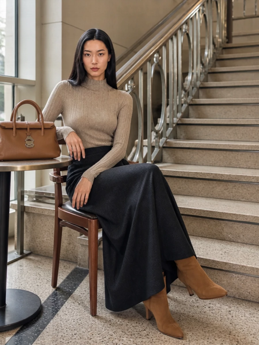 Warm beige and charcoal create a quietly refined knit and skirt pairing that feels precise without being formal. The columnar maxi and slim mock-neck top lengthen the silhouette, while camel suede boots and a structured camel bag keep the mood polished and cohesive for city days that move into dinner.