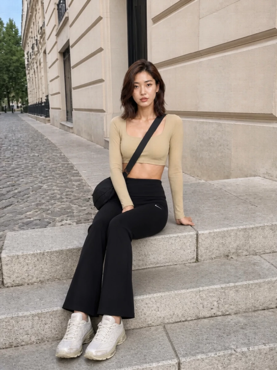 Nike flared leggings beige crop top neutral runners