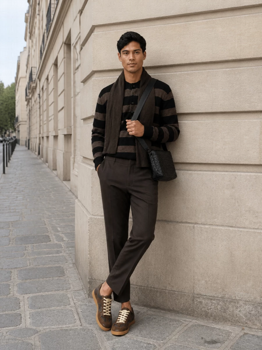Jacquemus striped knit brown cropped trousers outfit