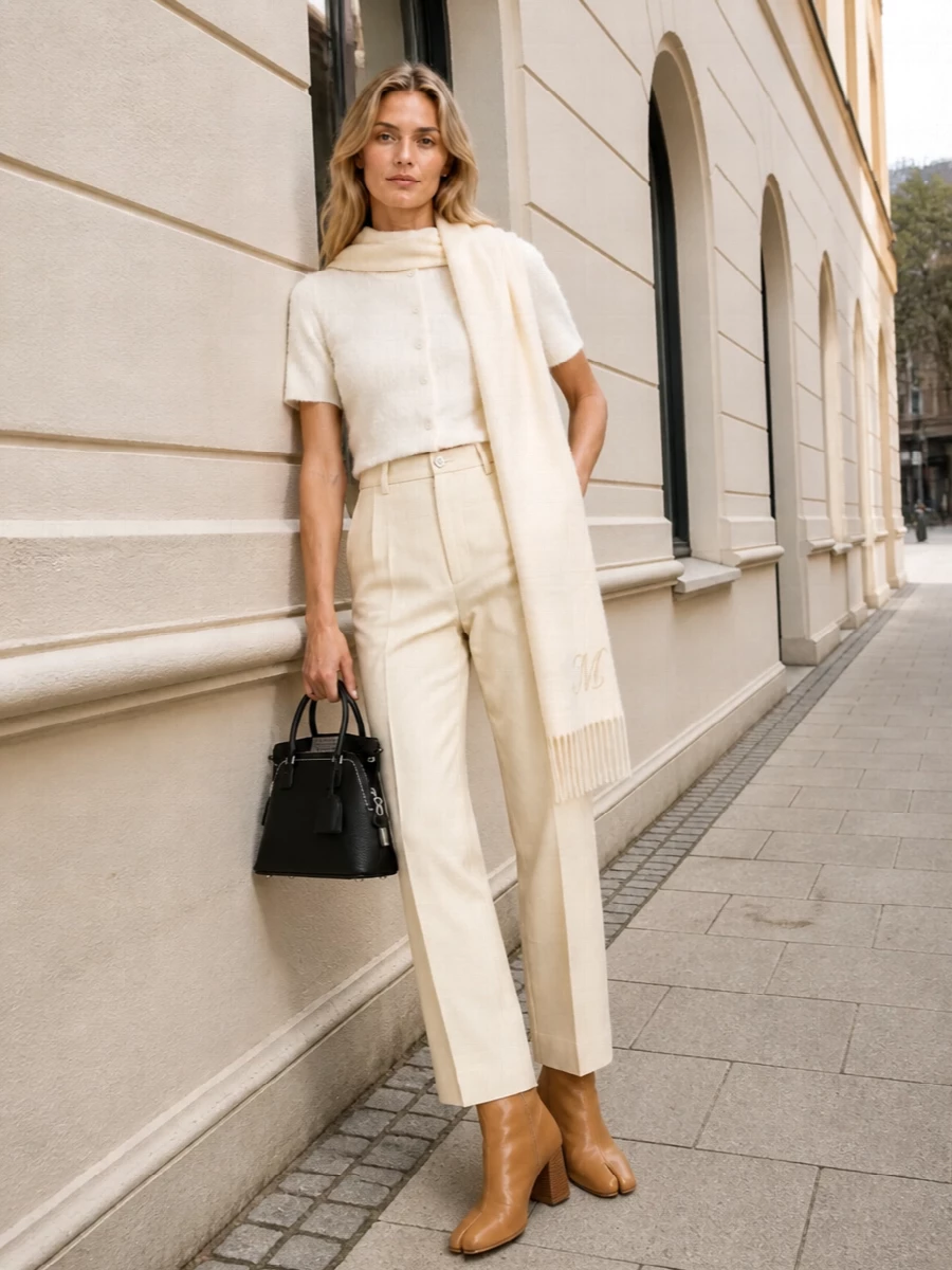 Maison margiela cream cardigan tailored trousers outfit