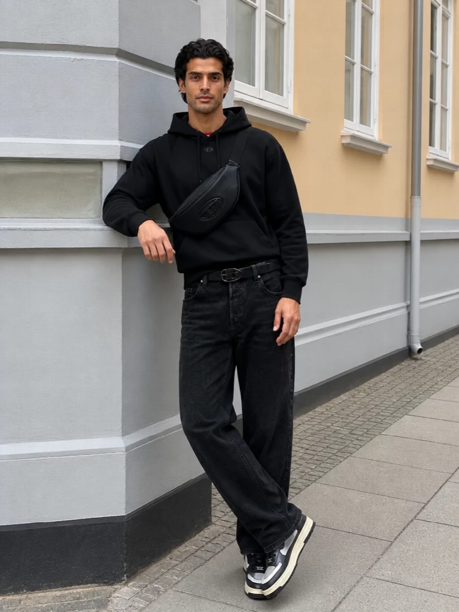 Diesel black hoodie faded jeans sneakers outfit