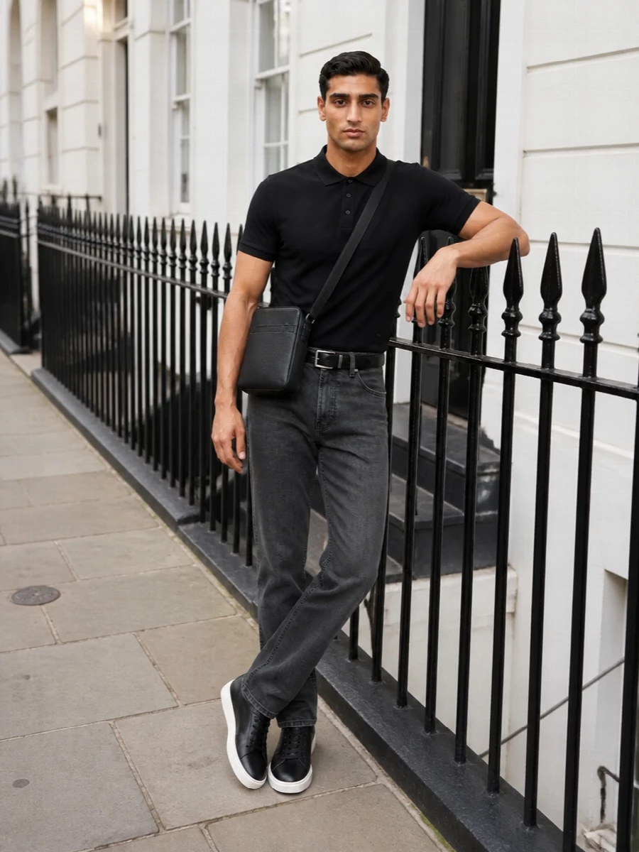 Emporio armani black polo charcoal trouser outfit