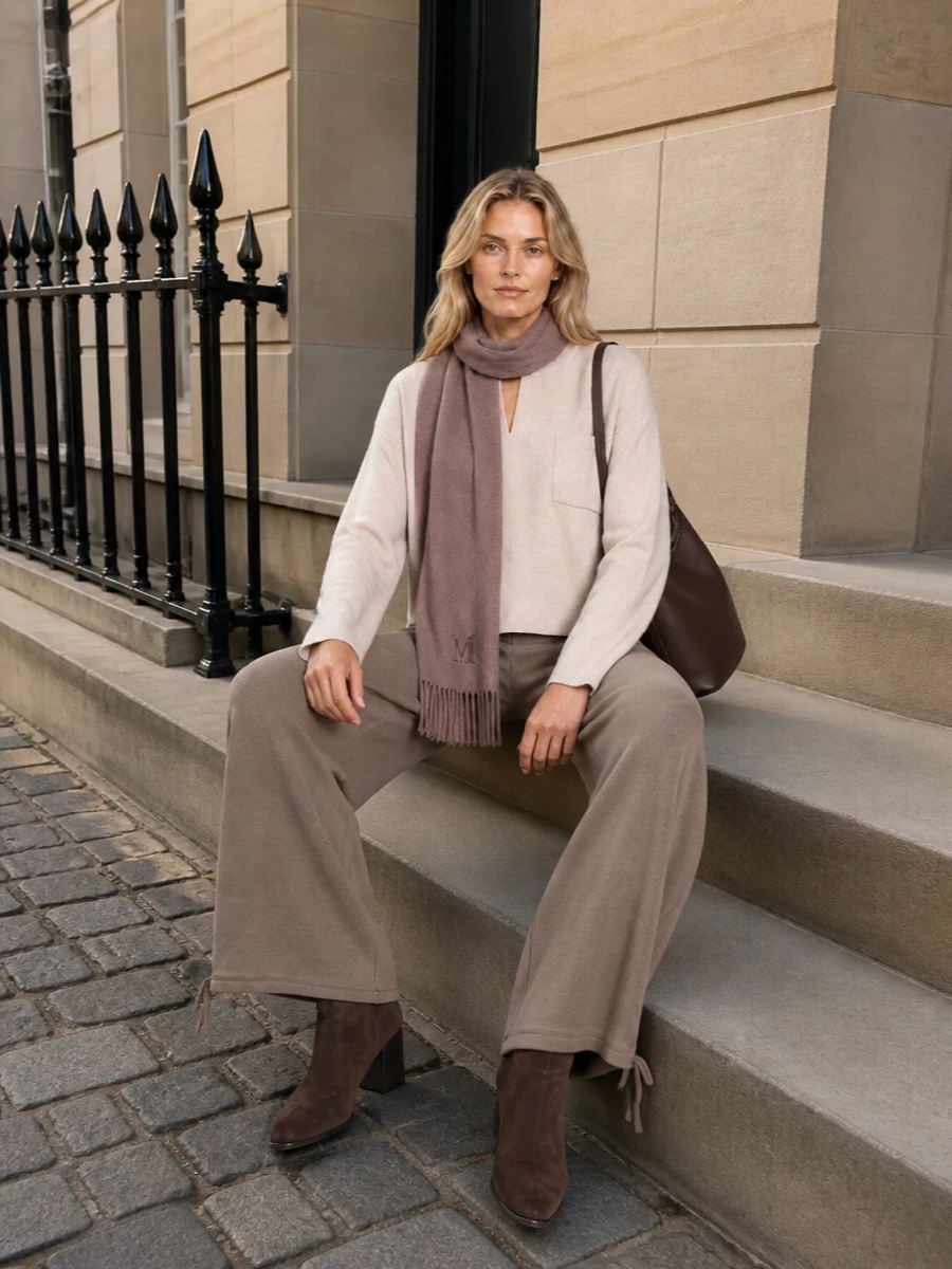 Max mara beige knit wide leg trouser outfit