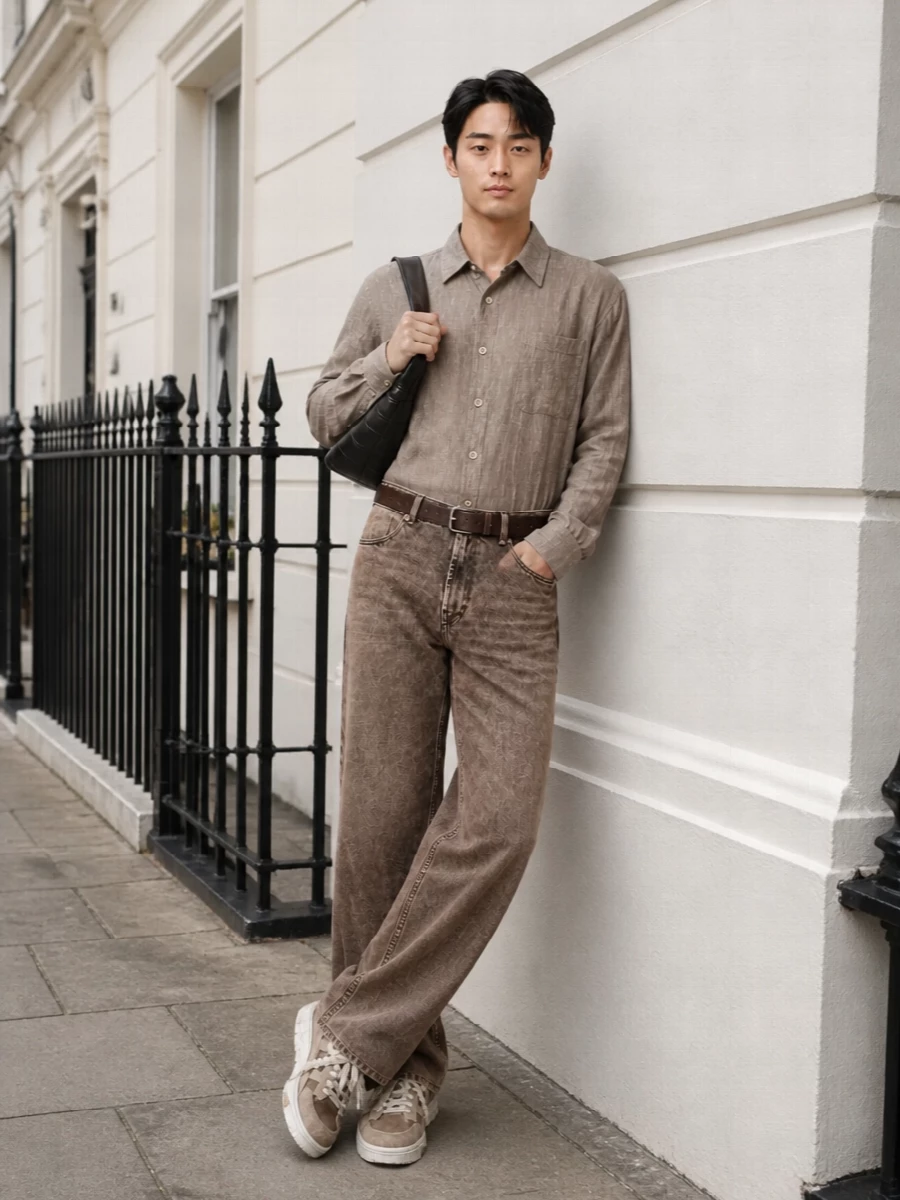 Cocoa wide-leg denim and the washed taupe shirt set up a soft, sun-faded palette that feels relaxed but intentional. Chunky taupe sneakers keep the silhouette grounded and modern, while the dark brown belt and black curved shoulder bag add just enough structure and contrast to keep the outfit quietly sharp for city days. The result is a calm, neutral uniform with grunge undertones and a considered, minimalist finish from every angle.