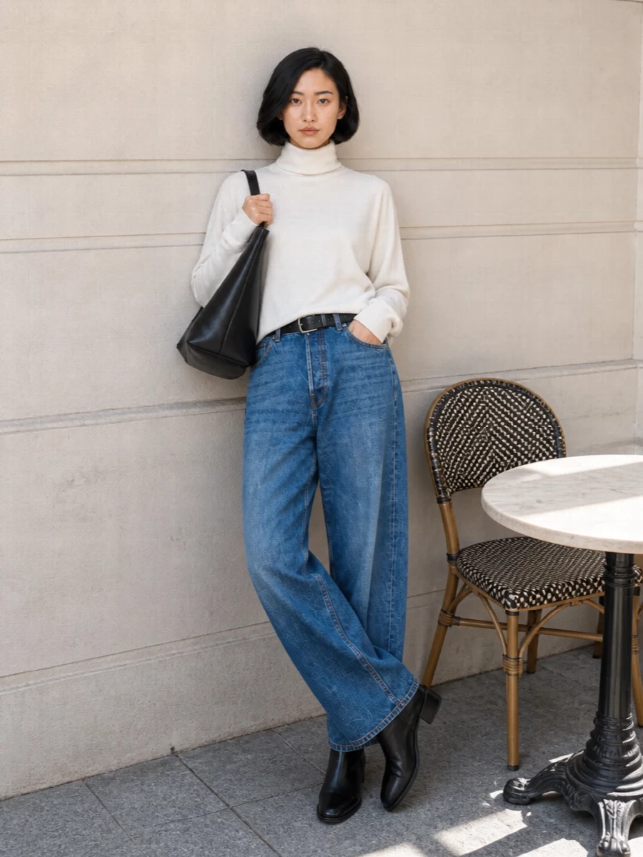 Haikure’s sculptural wide-leg denim is paired with a soft white mock-neck knit for a calm, clean contrast in proportion. Sleek black ankle boots and a structured black tote sharpen the palette while staying understated. A slim black belt quietly defines the waist, keeping the volume of the jeans intentional and city ready.