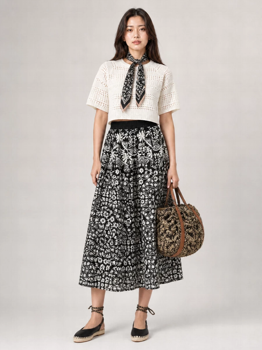 Weekend Max Mara Printed Cotton High-Rise Midi Skirt
