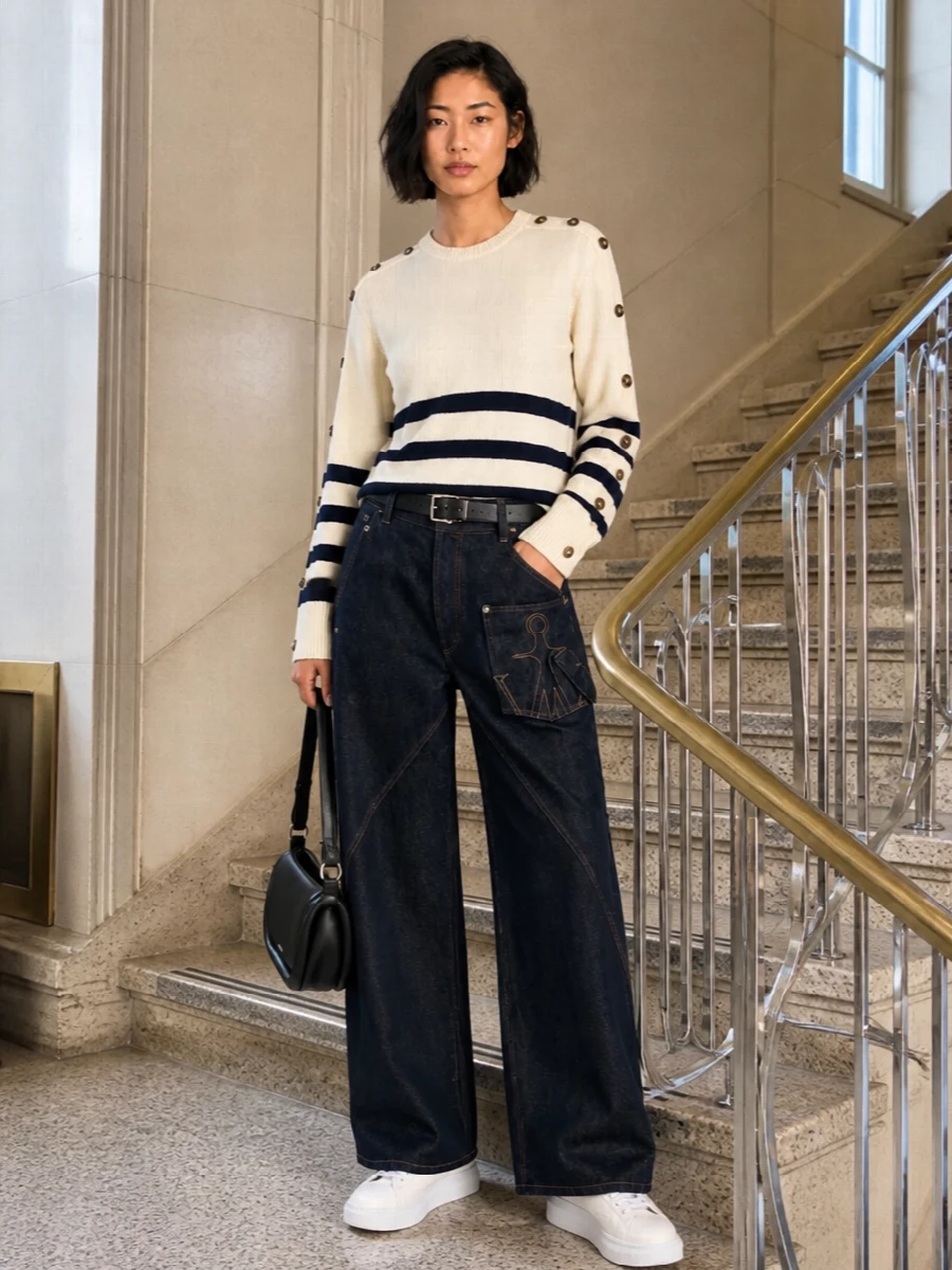 Dark indigo wide-leg JW Anderson denim pairs with the striped marinière knit for a clean, directional take on city utility. White McQueen sneakers and a sculpted black crescent bag keep the mood sharp yet easy, with a slim black belt quietly defining the mid-rise waist. The result is graphic, modern and relaxed enough to wear from daytime errands to casual dinners.