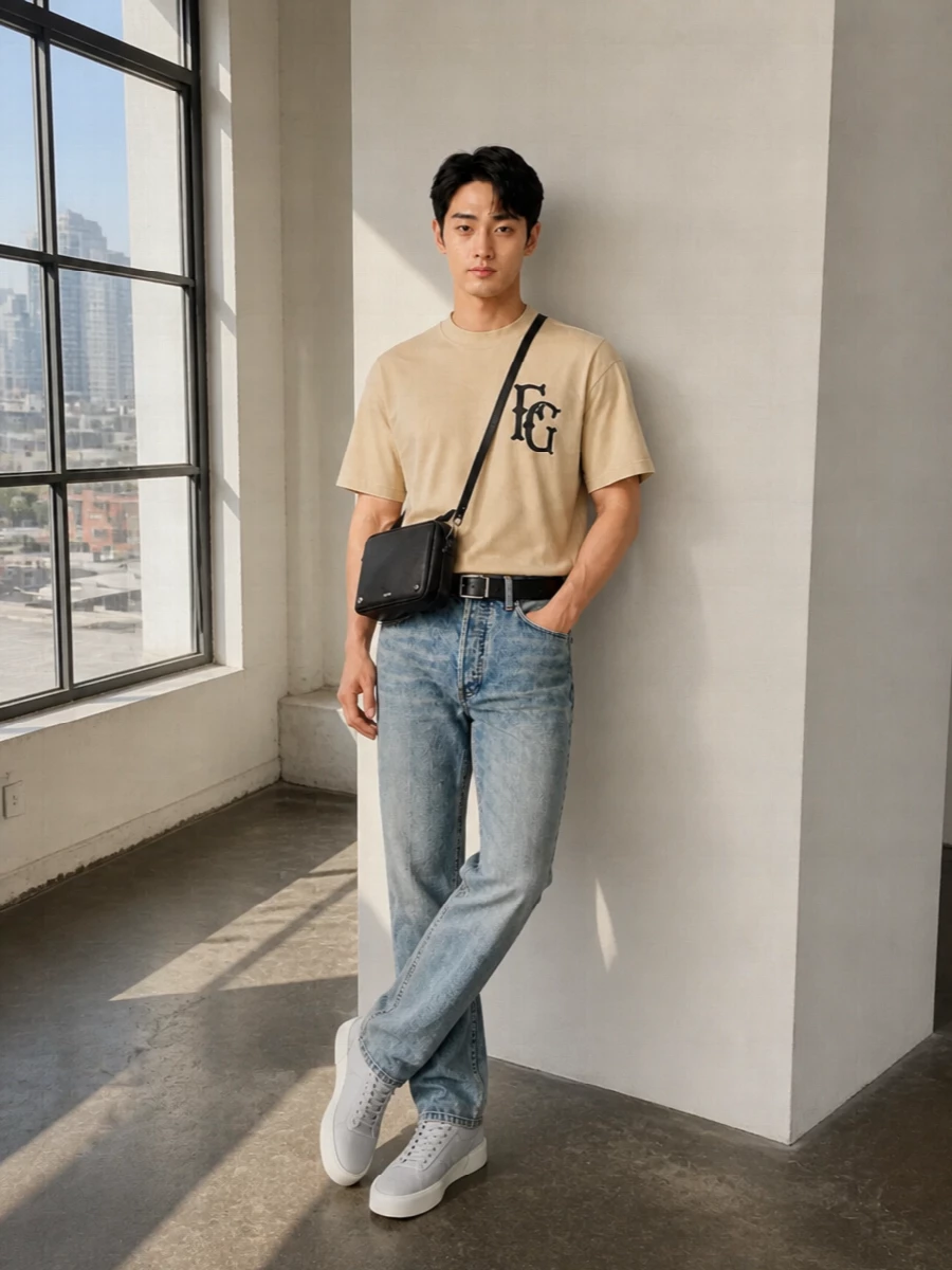 Faded Fear Of God denim with the butter FG tee creates a soft, tonal base that feels calm but still graphic. Pale grey low-top sneakers keep the line clean and grounded without competing with the wash. A black boxy Loewe crossbody and a slim Prada web belt introduce just enough structure and hardware for a precise, city-ready finish.