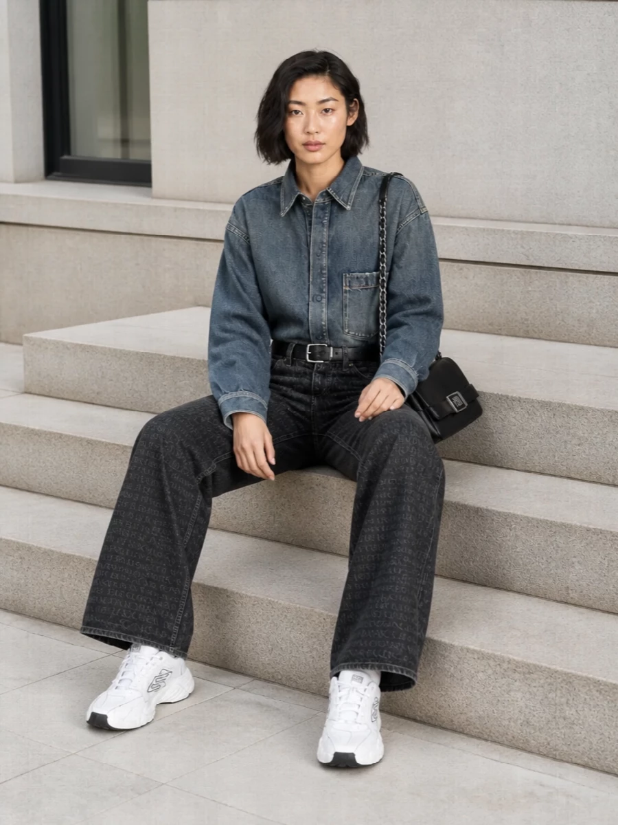 Washed indigo on top and charcoal logo denim below create a monochrome column that feels calm, graphic and distinctly Balenciaga. Chunky white runners cut through the darker tones, keeping the mood easy and street focused. A sharp black belt and soft leather shoulder bag pull in just enough structure so the relaxed layers read intentional rather than slouchy.