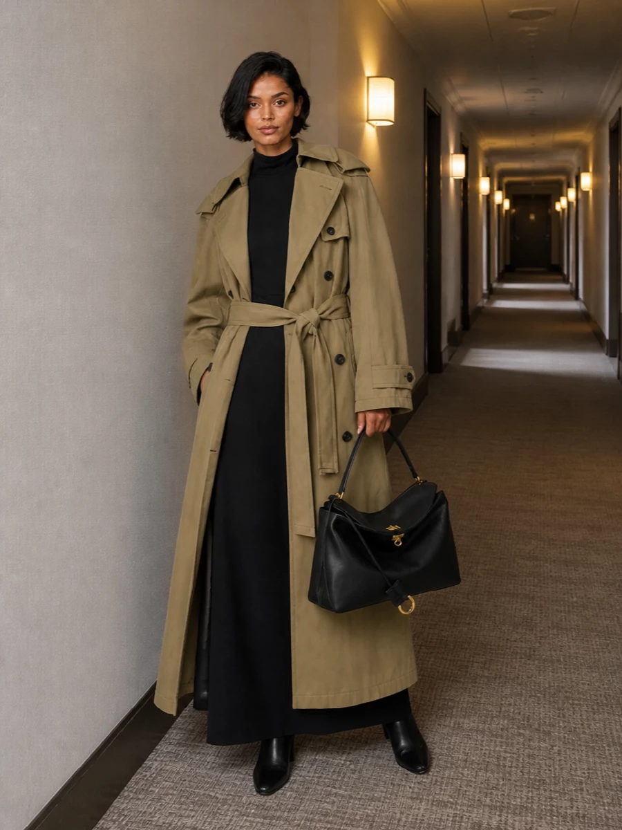 Balenciaga trench coat black maxi dress outfit
