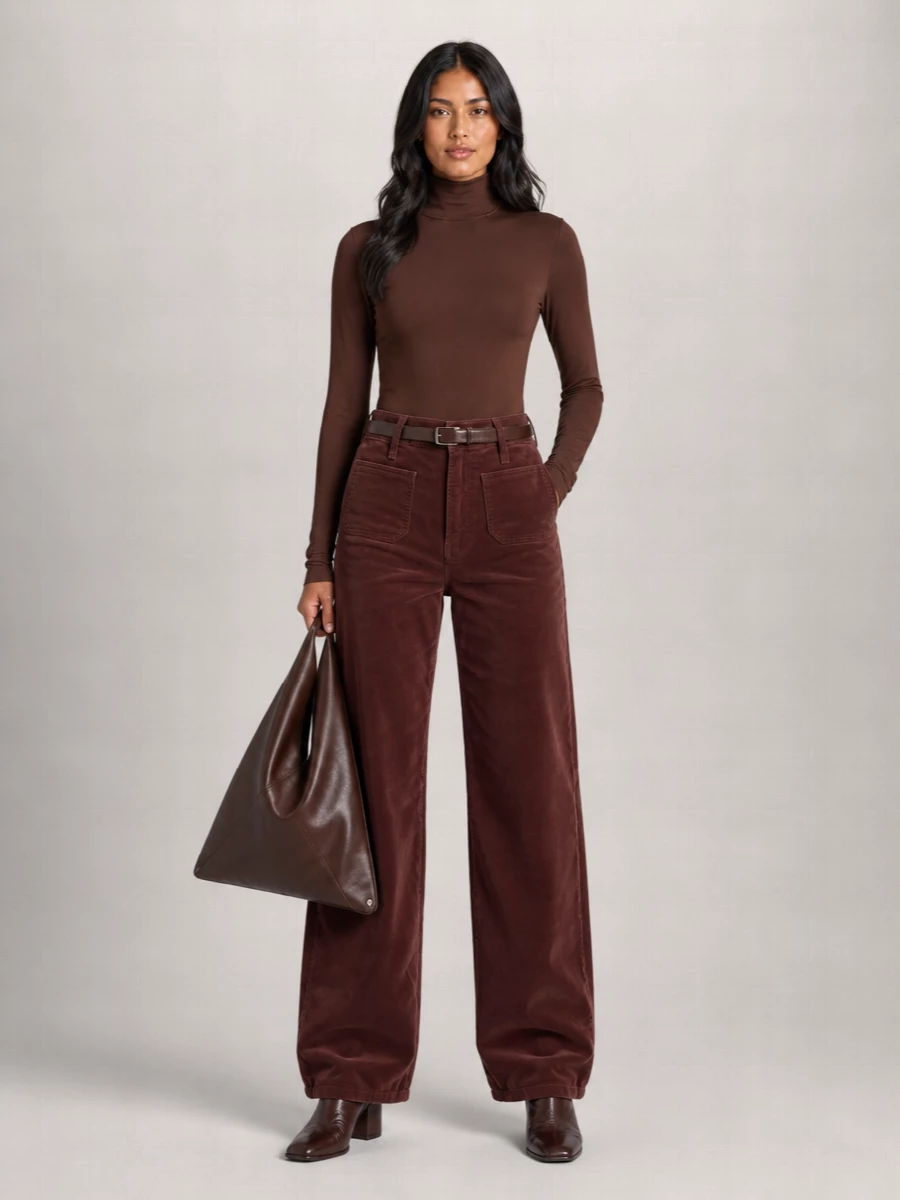 The high‑rise cocoa wide leg meets a second‑skin chocolate base and a cinched waist, creating a long, uninterrupted line that feels relaxed but fully considered. Dark chocolate ankle boots extend the column while the sculptural tote adds just enough volume and texture at the shoulder to balance the ease of the trouser. The result is a quiet, street‑leaning brown monochrome that reads intentional from coffee runs to low‑key dinners.
