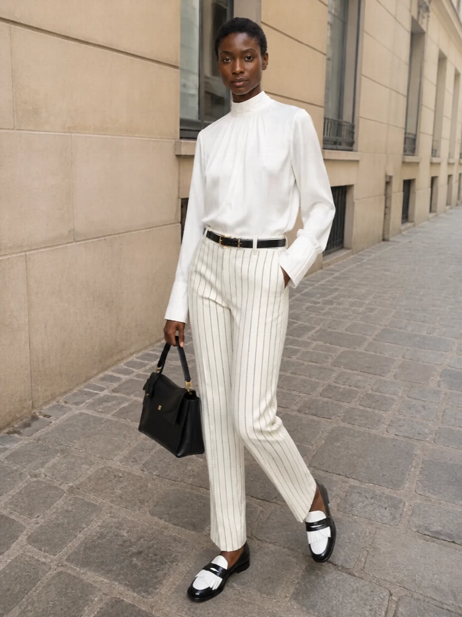 Balmain pinstriped trousers silk blouse outfit