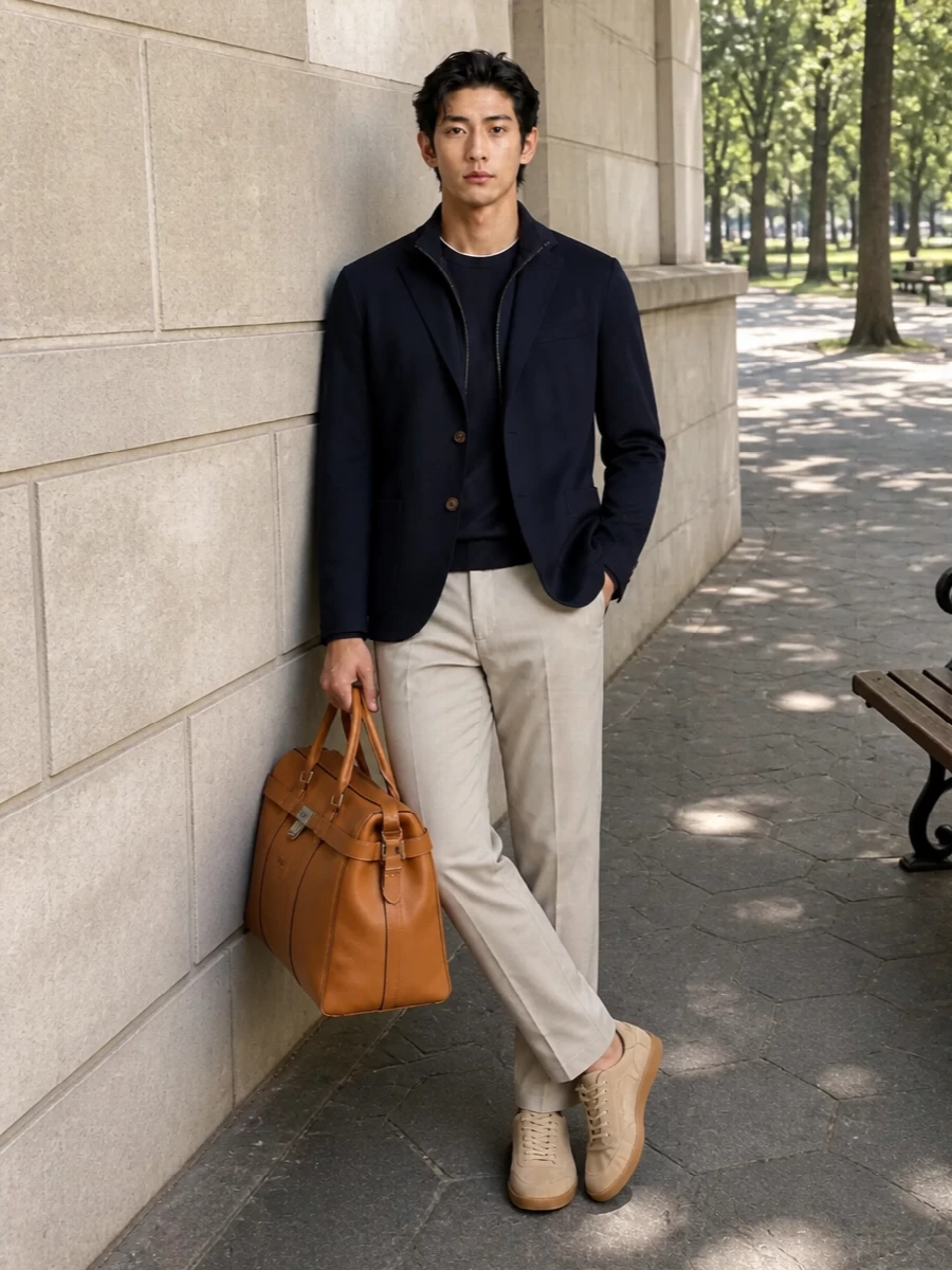 Eleventy navy blazer stone trousers zegna sneakers