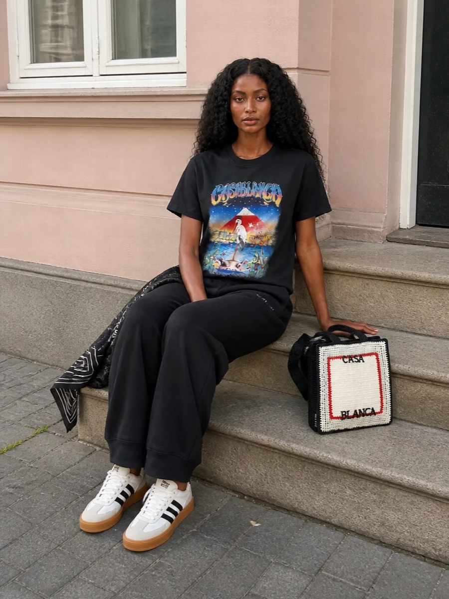 Casablanca graphic tee black track pants outfit