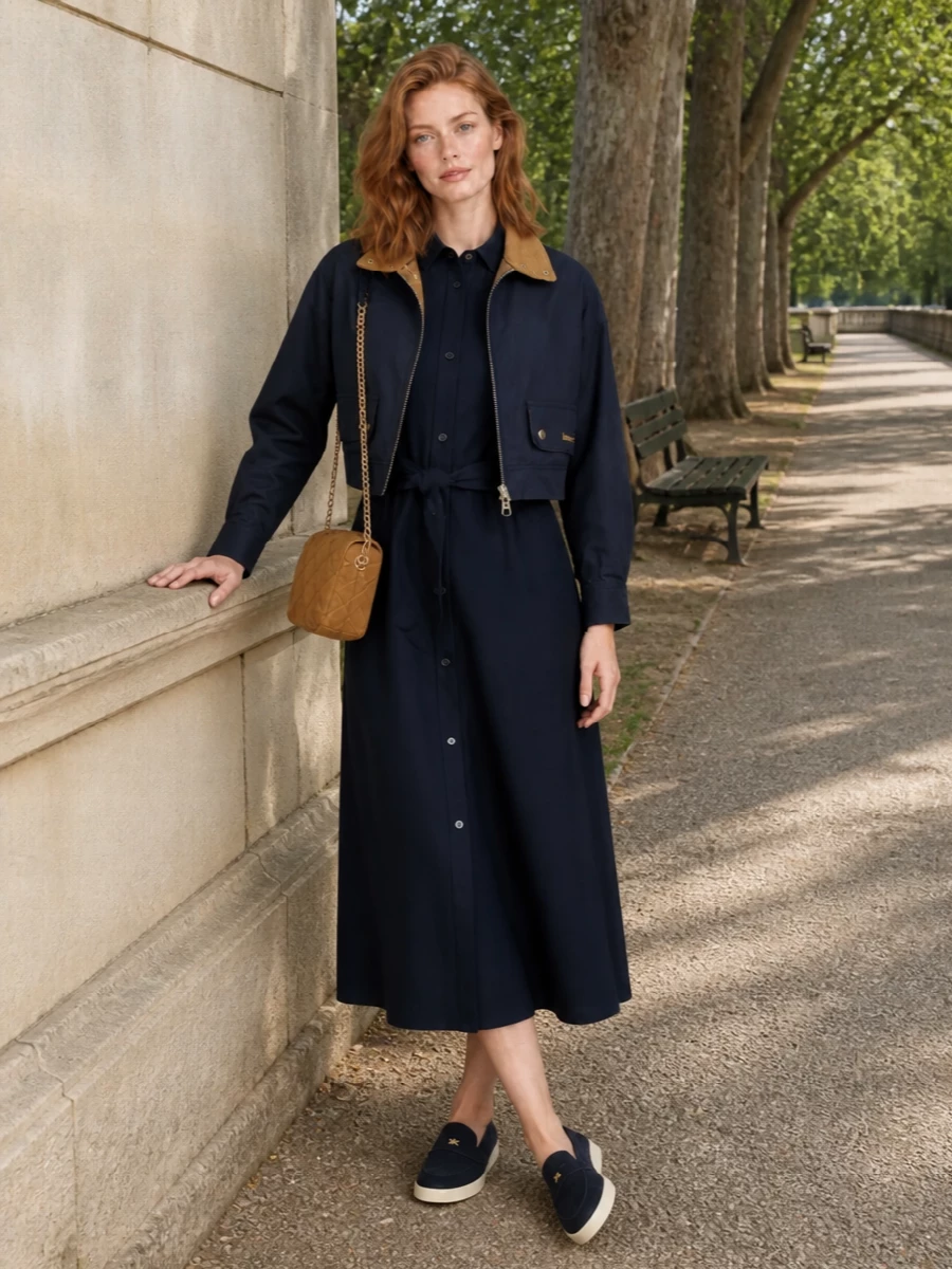 Barbour bomber woolrich dress navy loafer outfit