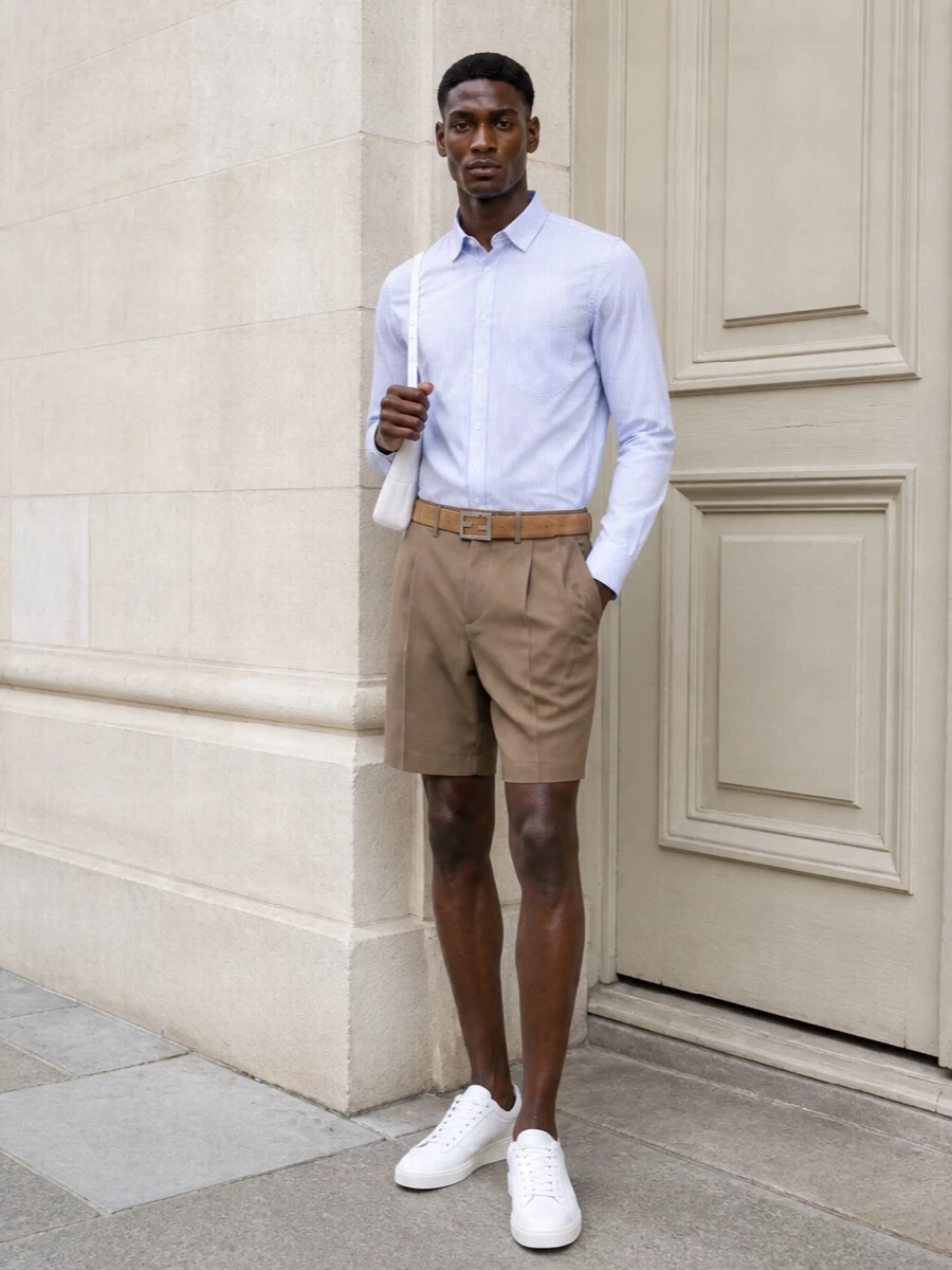 Golden goose camel shorts striped shirt sneakers