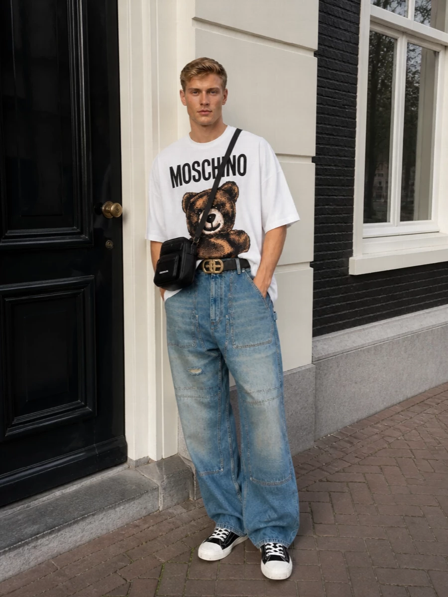 Moschino wide leg jeans teddy tee sneakers