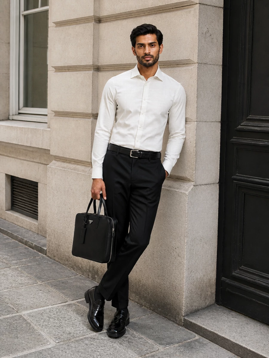 Prada black trousers off white shirt work outfit