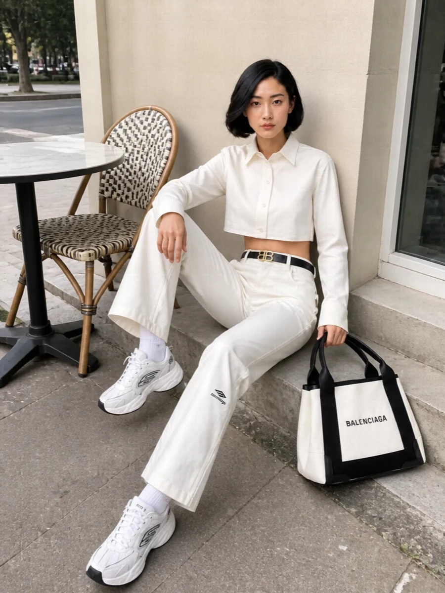 High-rise technical pants meet a cropped off-white shirt for a clean, graphic play on proportion that feels precise yet relaxed. Chunky white runners keep it grounded in Balenciaga’s street-sport language, while the off-white tote and slim black belt tie the monochrome palette together with quiet structure. The result is a sharp city-ready ensemble that still nods to alpine performance gear.