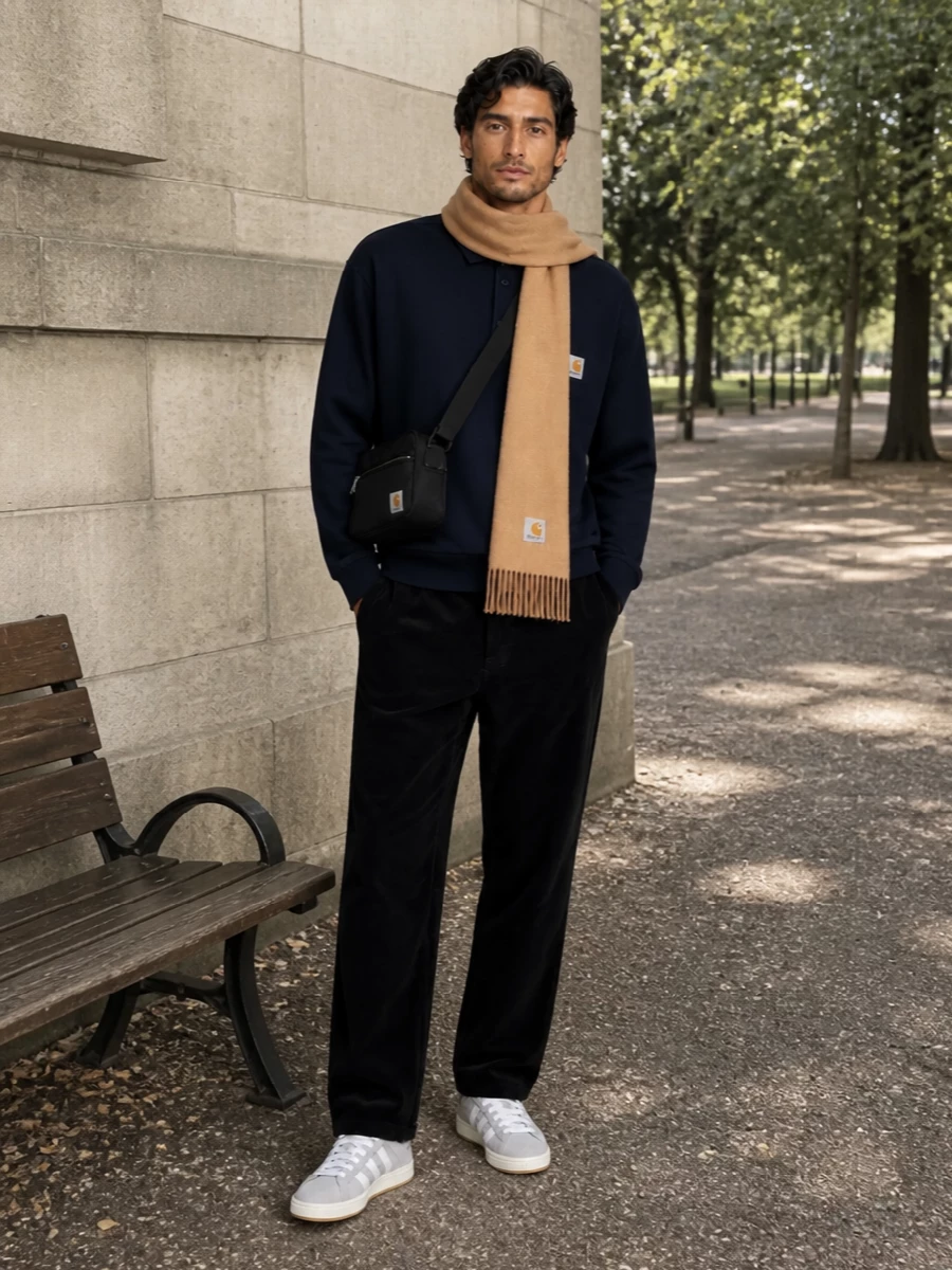 Navy workwear polish up top meets inky cord texture below, giving the polo a sharper, colder-season edge without losing ease. The light grey skate-inspired sneakers and compact crossbody keep the mood clean and practical, with the camel scarf adding warmth and a considered hit of colour. It is a relaxed city uniform you can wear from desk to late errands with zero effort needed in between.