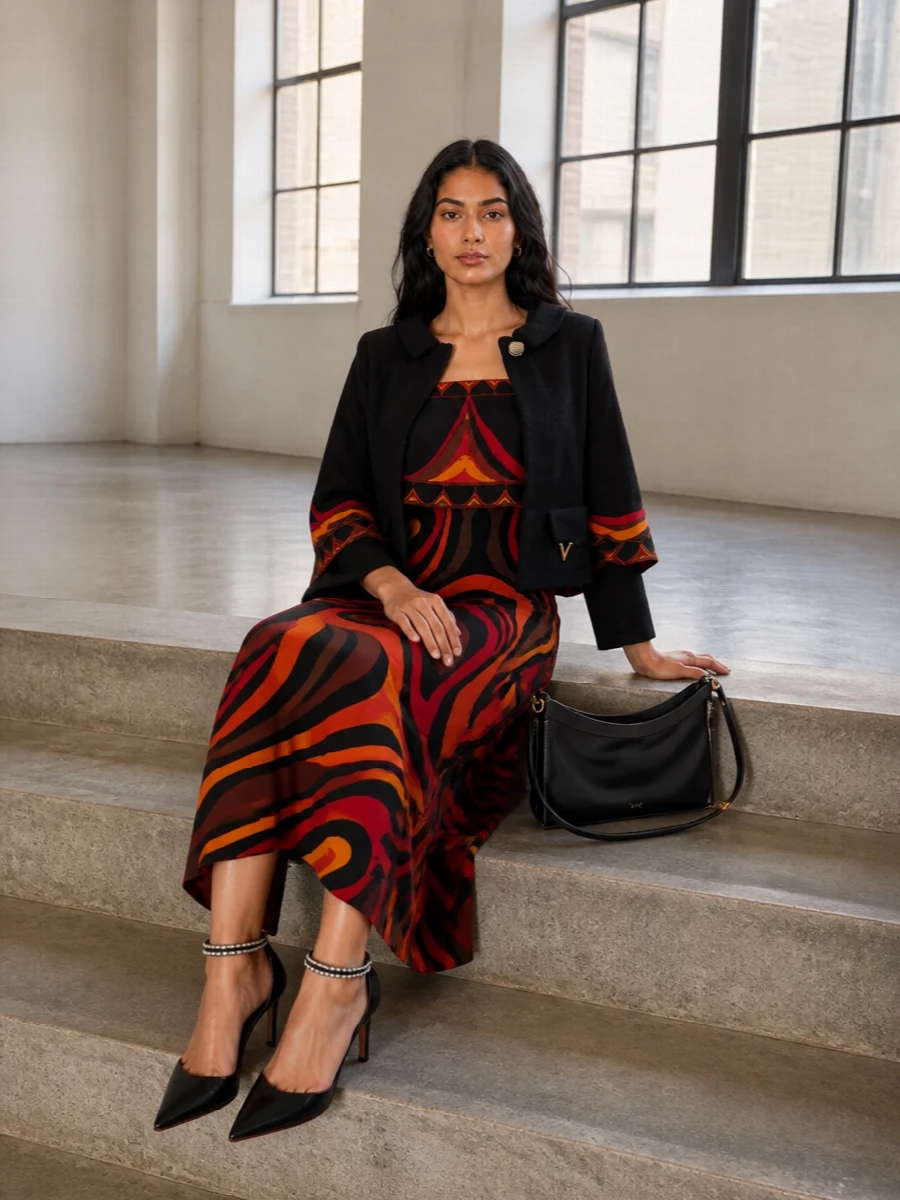 Pucci’s liquid print column takes the lead, its fiery black, orange and red curves reading as pure movement after dark. Black crystal-cuff stilettos and a sculpted black shoulder bag tighten the palette around the dress, keeping the effect glamorous and focused rather than busy. The result is boho-leaning Pucci energy refined into a sharply dressed summer-night ensemble.