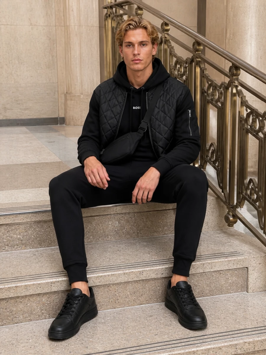 Hugo bomber black joggers sneakers outfit