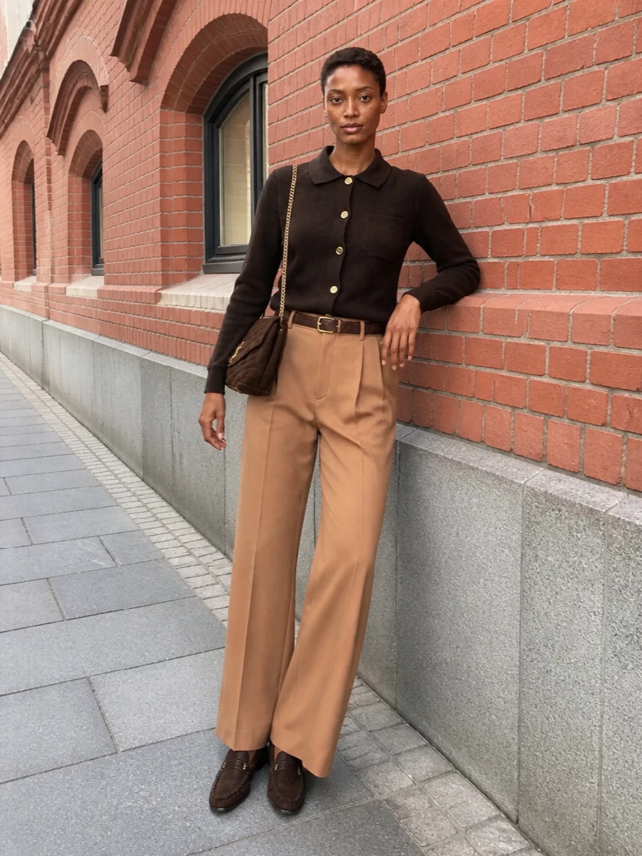 Saint laurent brown cardigan camel wide leg trousers