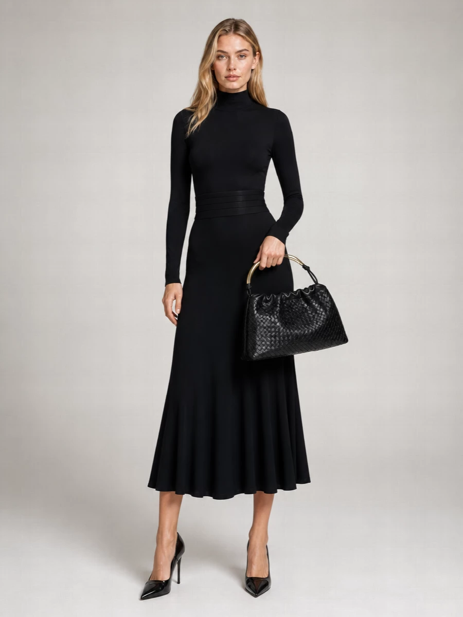 Alaïa Viscose High-Neck Long-Sleeve Cutout Midi Dress