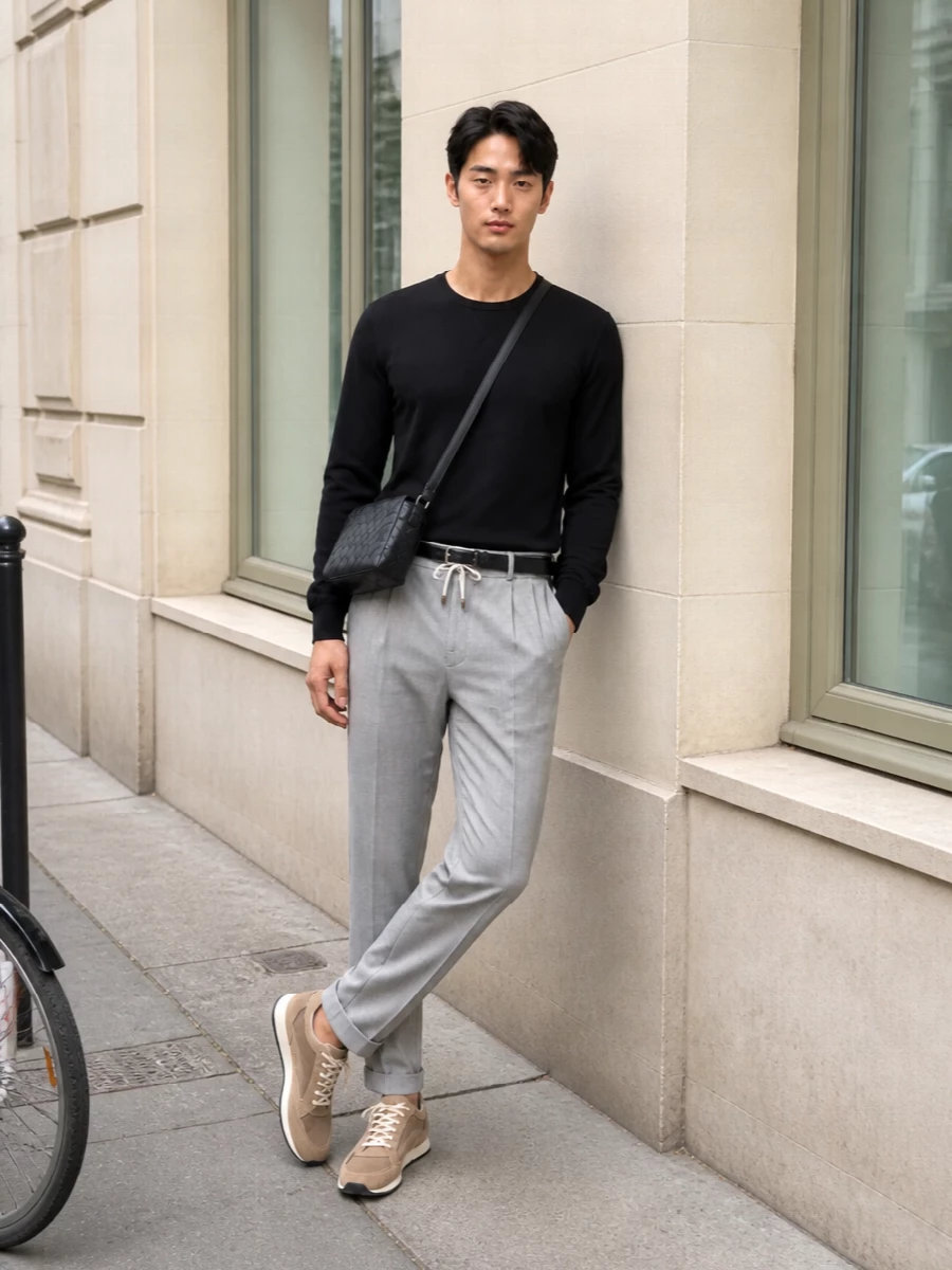 A deep-black Brunello crew-neck is grounded by softly structured stone-grey drawstring trousers, creating a refined yet relaxed SS silhouette. Taupe low-top sneakers keep the palette light and cohesive, while a compact black intrecciato crossbody and textured black belt introduce subtle craft and polish without disturbing the minimalist mood. The result is a quietly luxurious off-duty look that moves easily from city days to understated evenings.