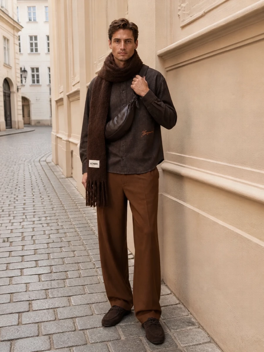 Jacquemus brown shirt chestnut trousers outfit