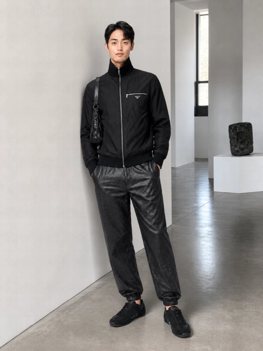 A monochrome city kit built around your Prada track blouson, this pairing leans into technical fabrics and sharp hardware for a quiet sport statement. Givenchy joggers and Balmain sneakers keep the line clean and agile, while the compact Balenciaga shoulder bag adds just enough edge without diluting the minimalism.