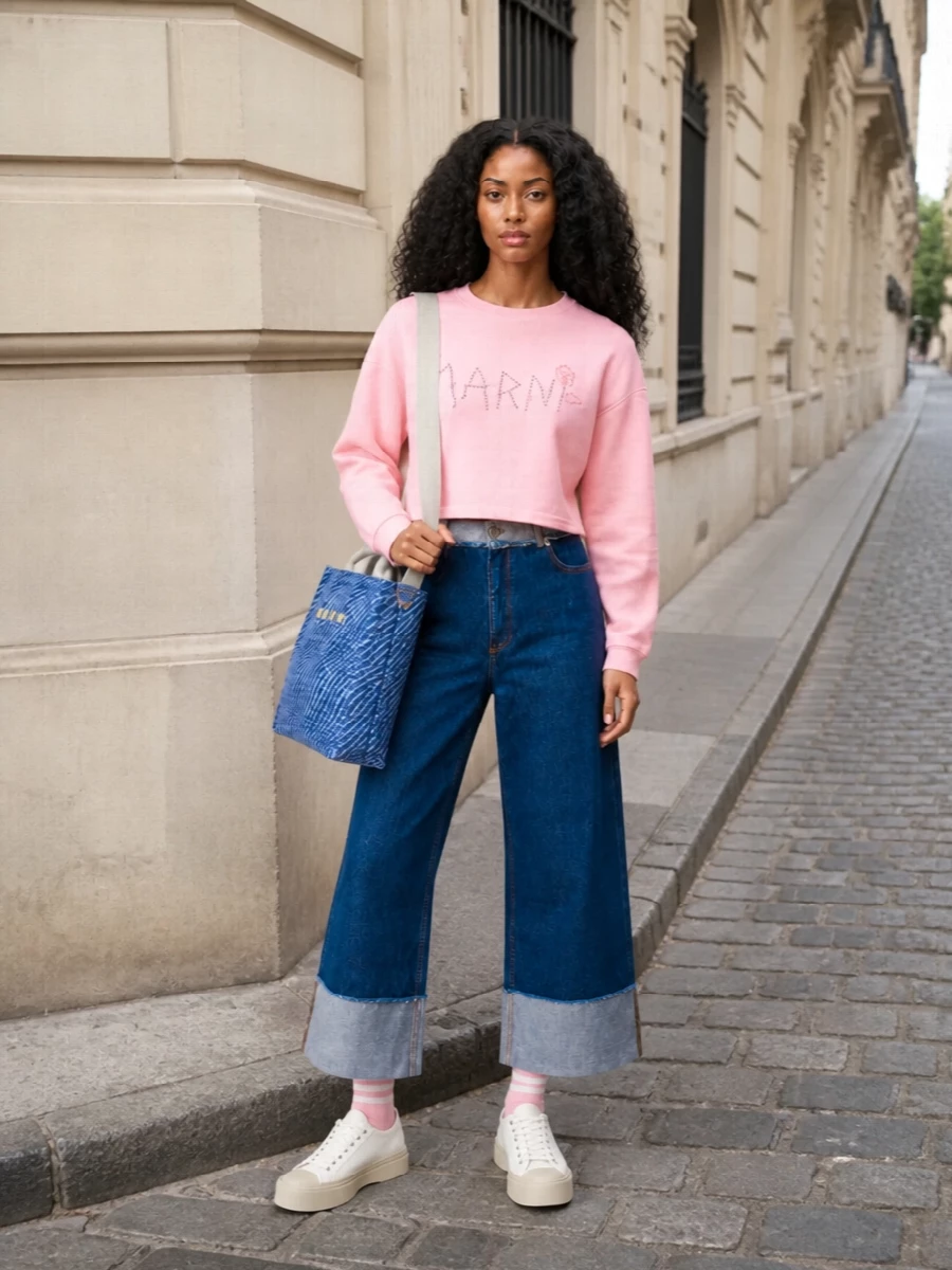 Marni pink jumper wide leg jeans outfit