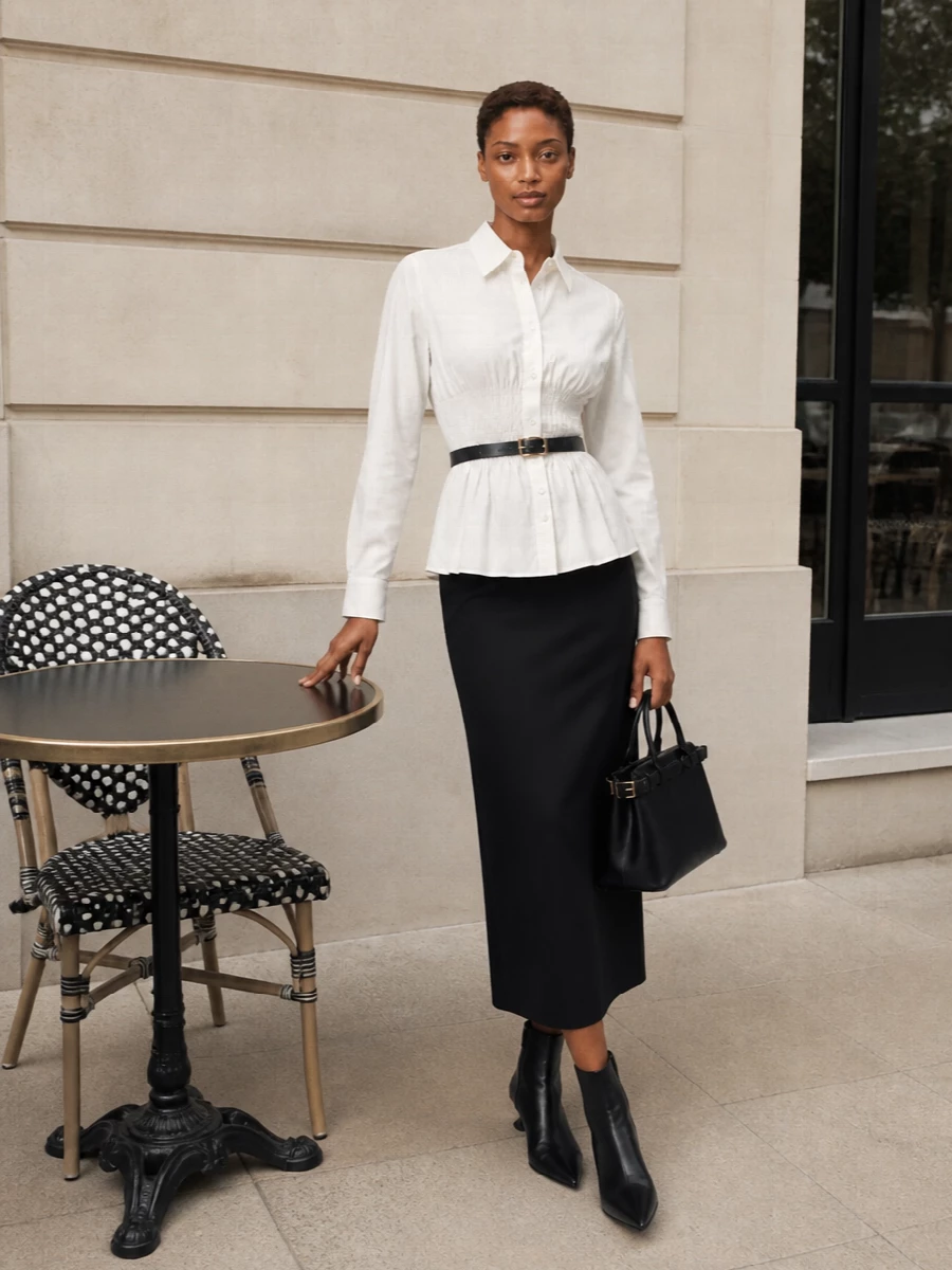 Prada shirt lanvin black midi skirt outfit