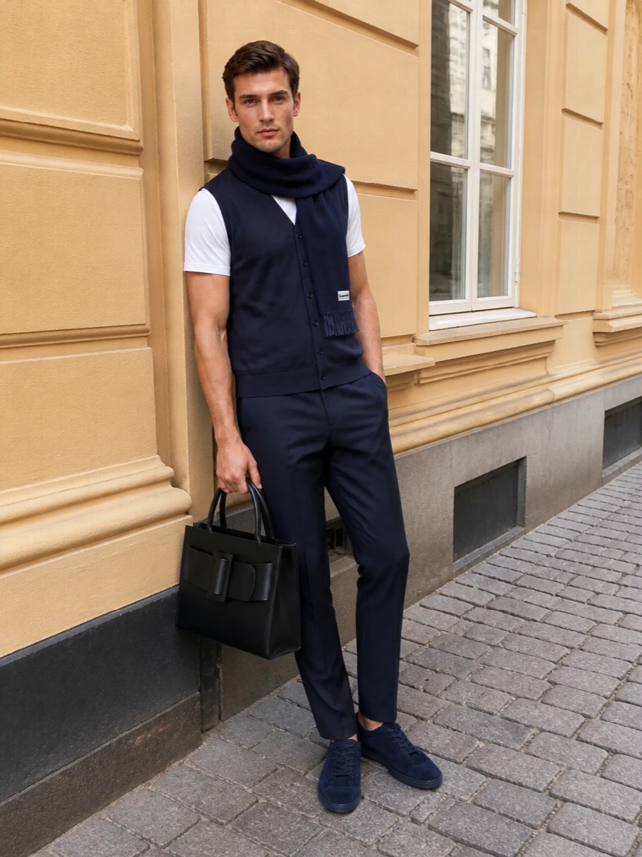 John smedley navy vest lardini trousers outfit