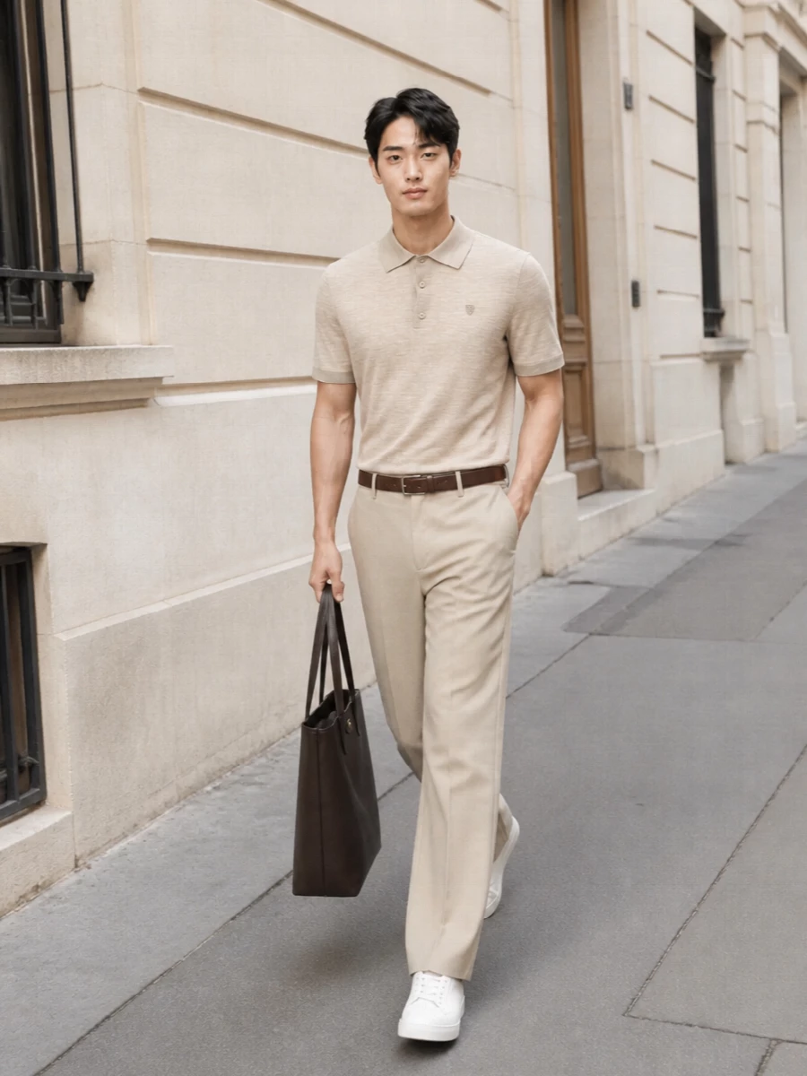 Minimalist beige wide leg trousers knit polo outfit