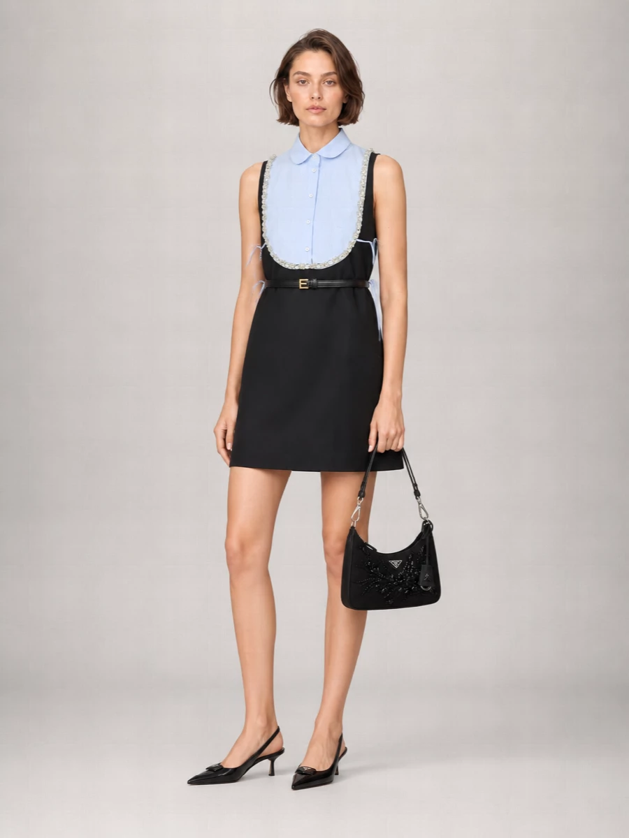 Prada Silk Crystal Embellished Bib Collar Mini Dress