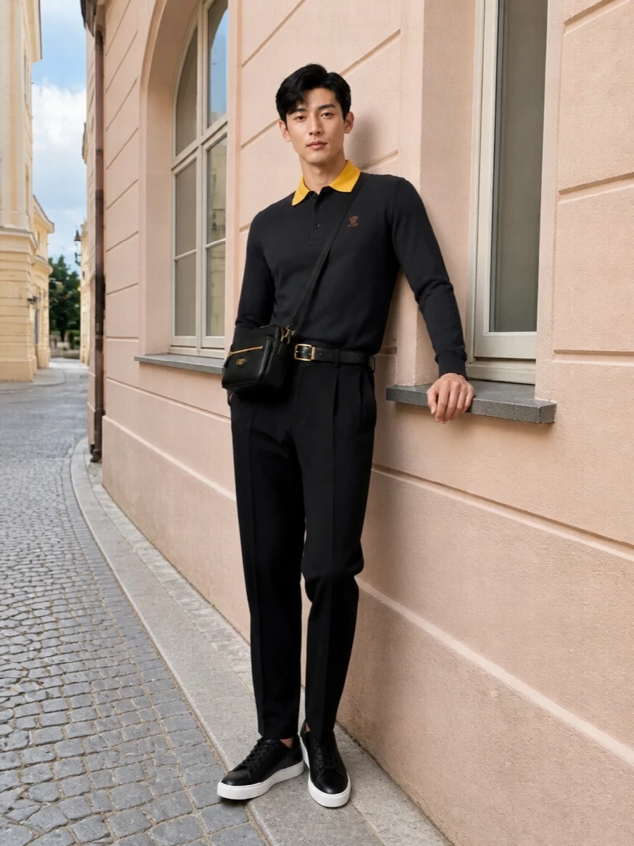 Versace polo black trousers sneakers outfit