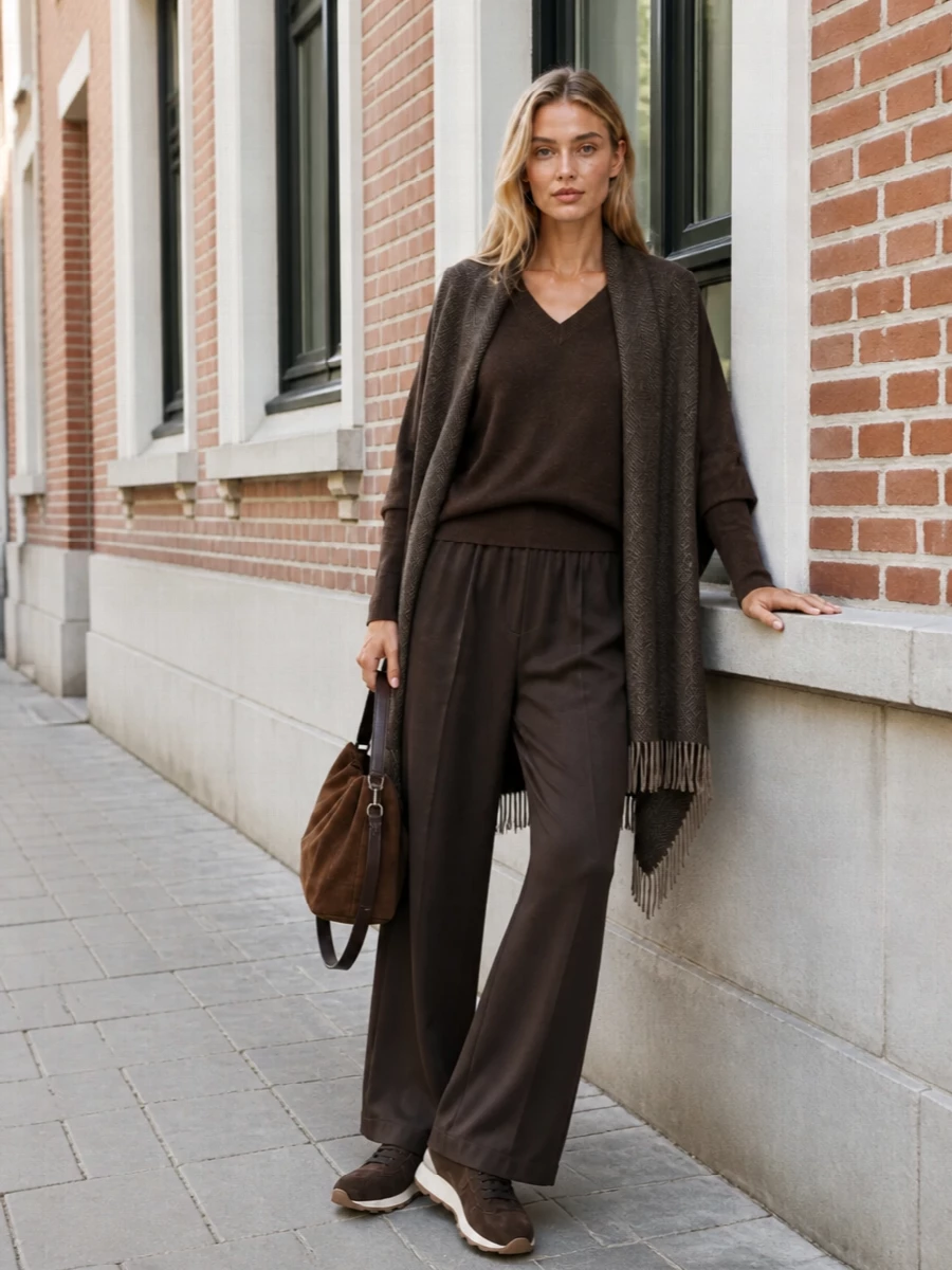 Brunello cucinelli brown knit sweater outfit