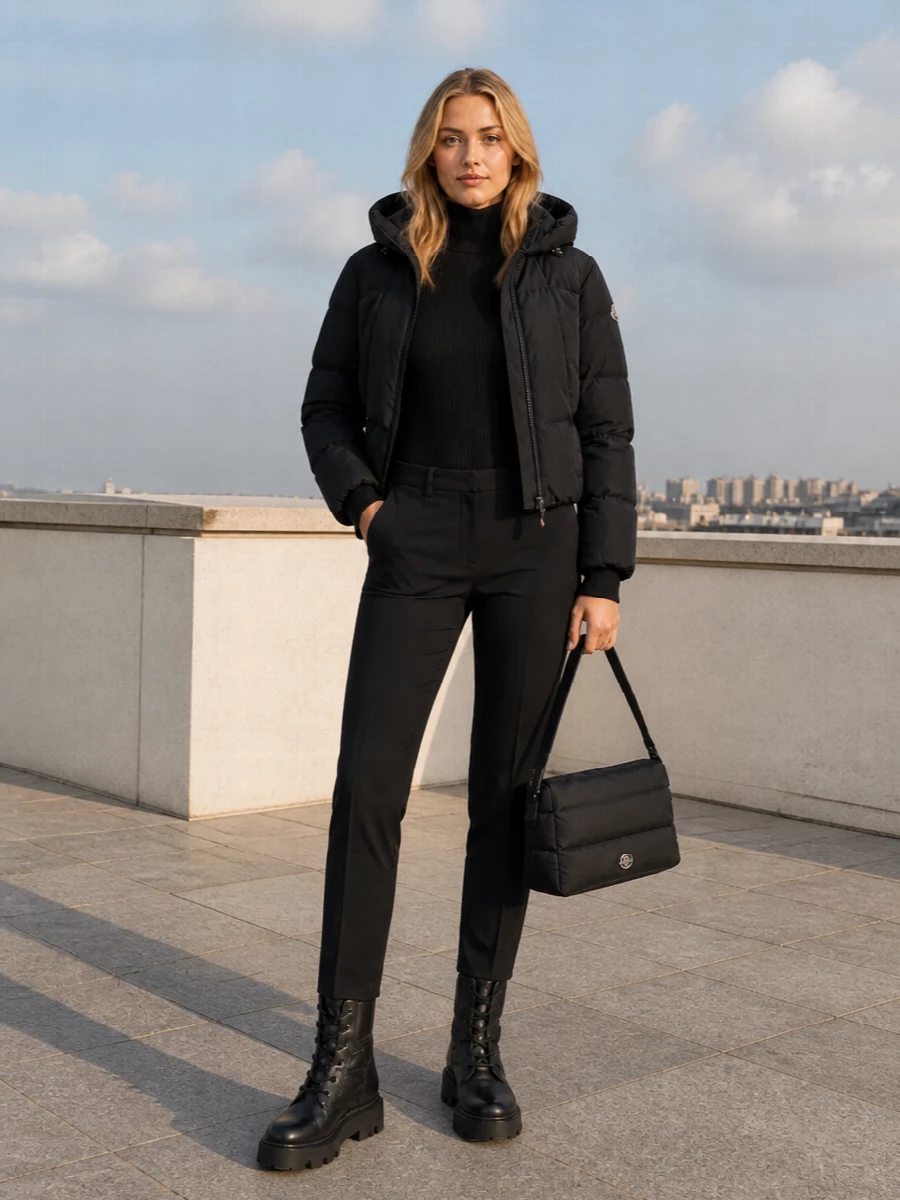I’m keeping this all about a sharp, technical Moncler winter uniform: cropped padded jacket, second-skin knit, streamlined ski trouser and grounded lug boots in a near-monochrome black palette. The choice to skip a dress in favor of top and bottom lets the boxy puffer play against a long, lean leg, which is what gives the silhouette its modern edge and makes sense functionally for real cold-weather city movement. The padded shoulder bag closes the loop, repeating the quilting in a way that feels intentional rather than matchy, so the whole outfit reads as sleek, urban and slope-informed without shouting performance gear.