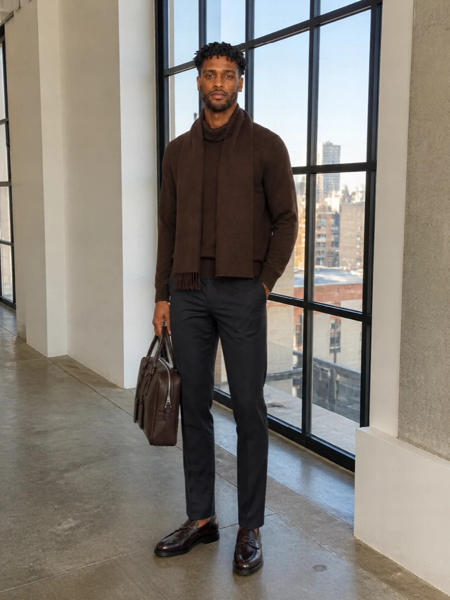 Prada brown sweater charcoal trousers outfit
